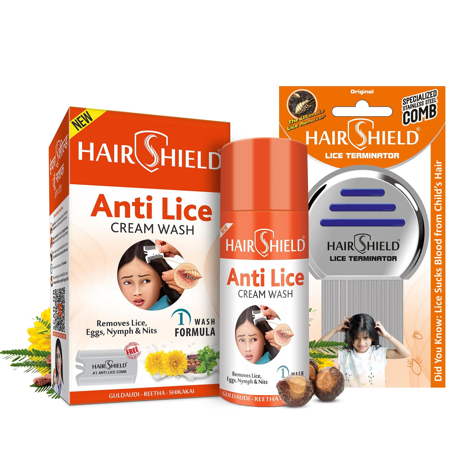 Hairshield Lice Terminator Combo | #1 Anti Lice 1 Wash 30ml Solution with Plastic Comb Pack + 1 Original Stainless Steel Micro-Grooved Teeth Comb | Safe for Kids, Men & Women