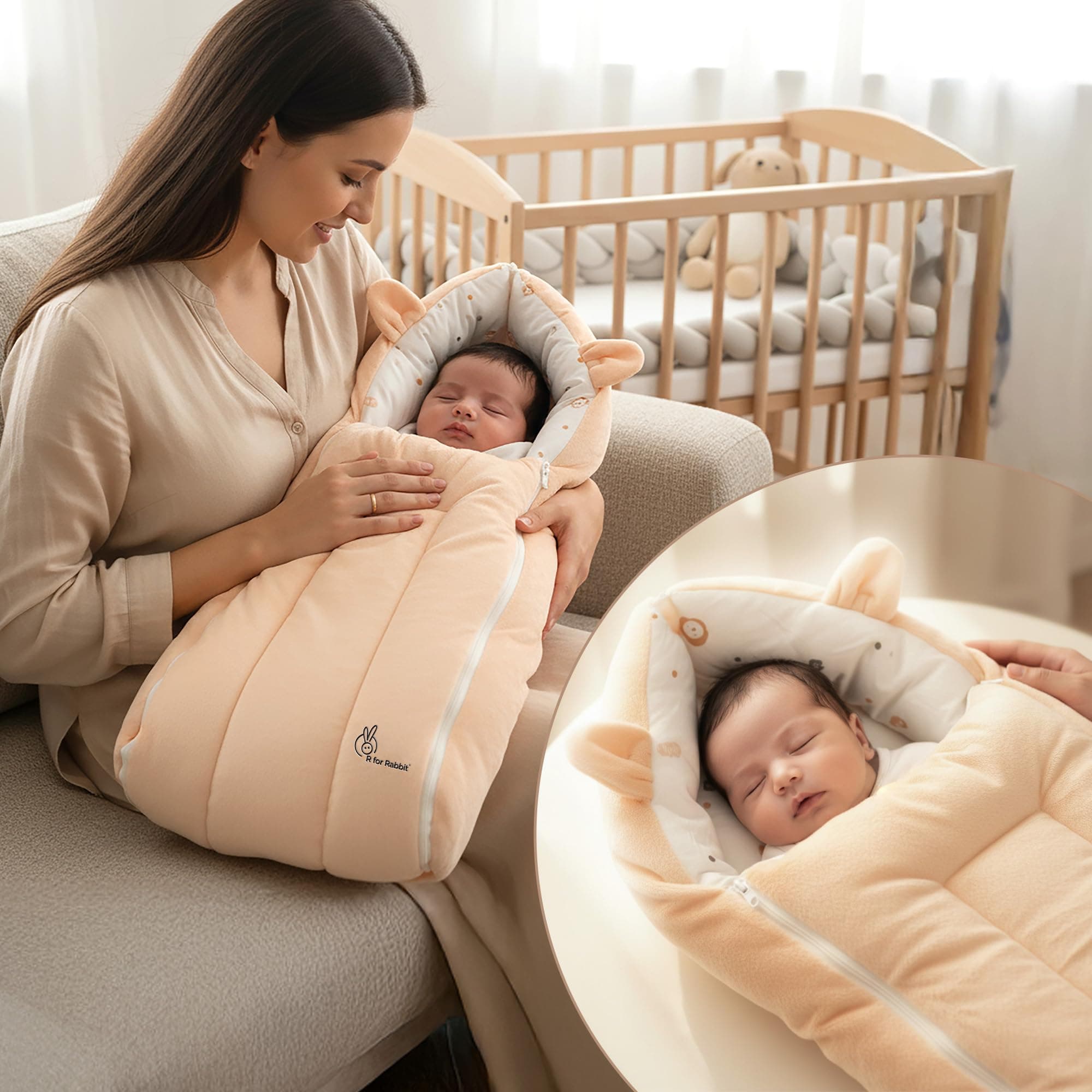 R for Rabbit Snuggy Cucoon Baby Carry Nest Ultra Soft Fleece Outer Layer with 100% Cotton Inner Fabric, Dual Zipper, Multipurpose Travel-Friendly Bedding (Teddy Beige)