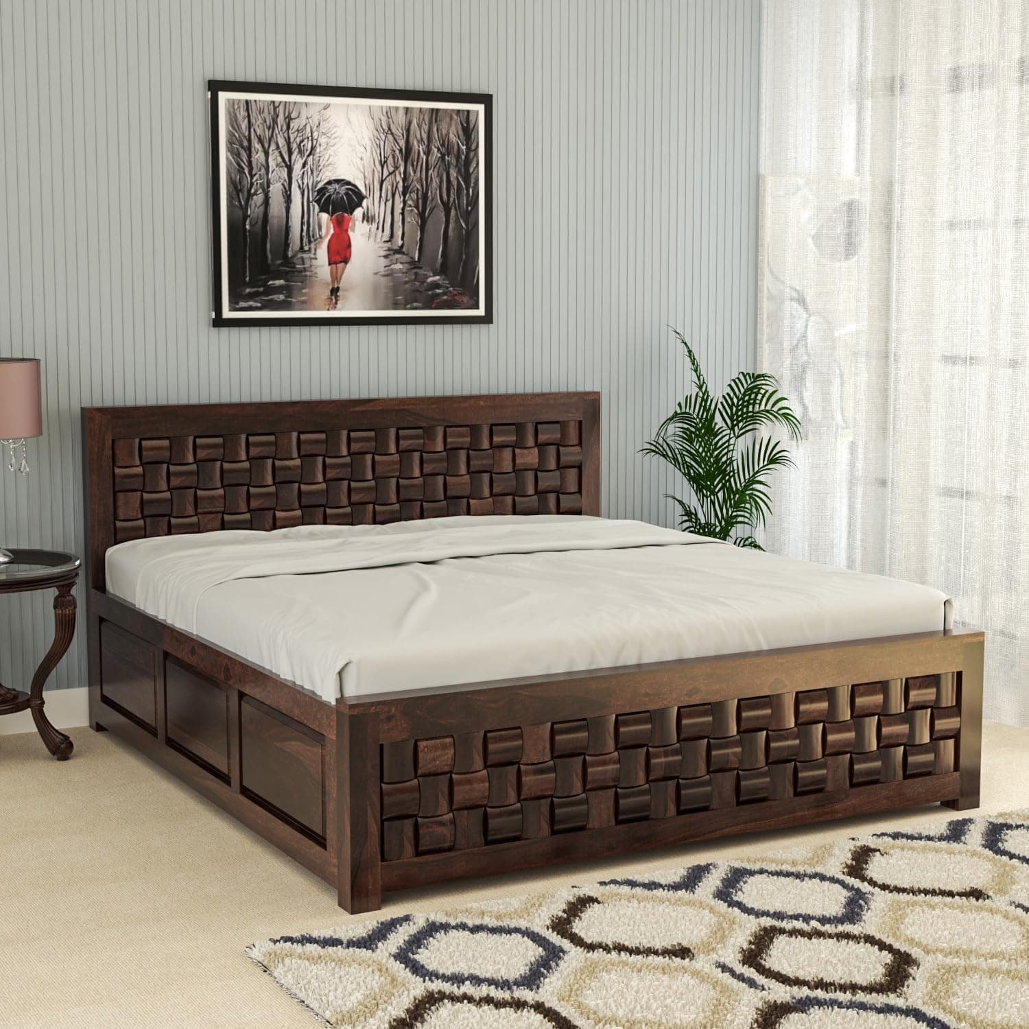 BHAGWATI ART Sheesham Wood King Size Bed with Storage Box | Wooden Box Bed King Size Double Cot Bed with Storage for Bedroom | Premium Niwar Design Headboard Bed for Hotel, Home | Walnut Finish