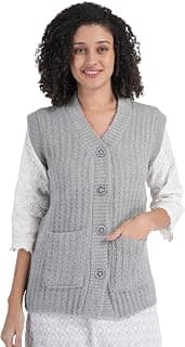 MANRA Women's Woolen V-Neck Buttoned Sleeveless Cardigan Self Design Soft Wool Fabric Winter Wear Pure Wool Sweater Cotty Fully Warm with Front Pockets Sweater