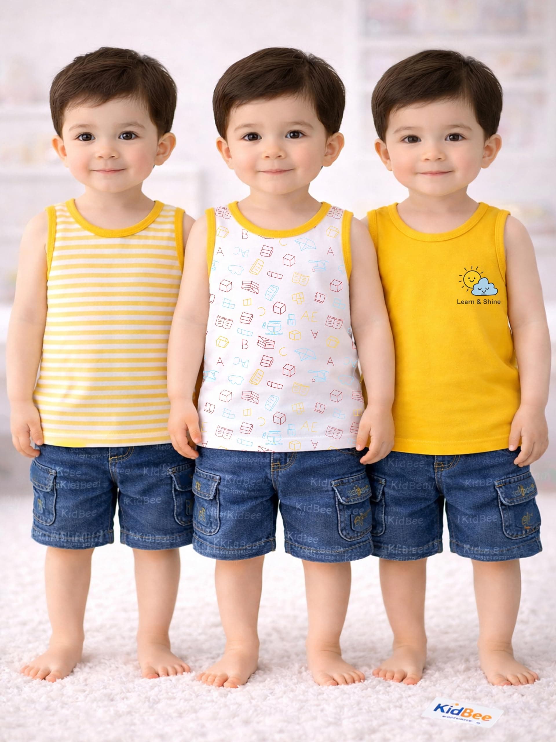 Kidbee Kids Cotton Sleeveless Vest Baniyan Pack of 3 | Soft Breathable Printed & Solid Tank Tops Innerwear for Boys & Girls