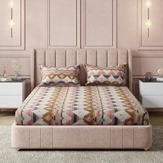 amazon basics 100% Cotton Flat Bedsheet | 200TC |Queen Bed Sheet with 2 Pillow Cover|Soft Cotton | Geometric Print | 90 Inch x 100 Inch, Grey