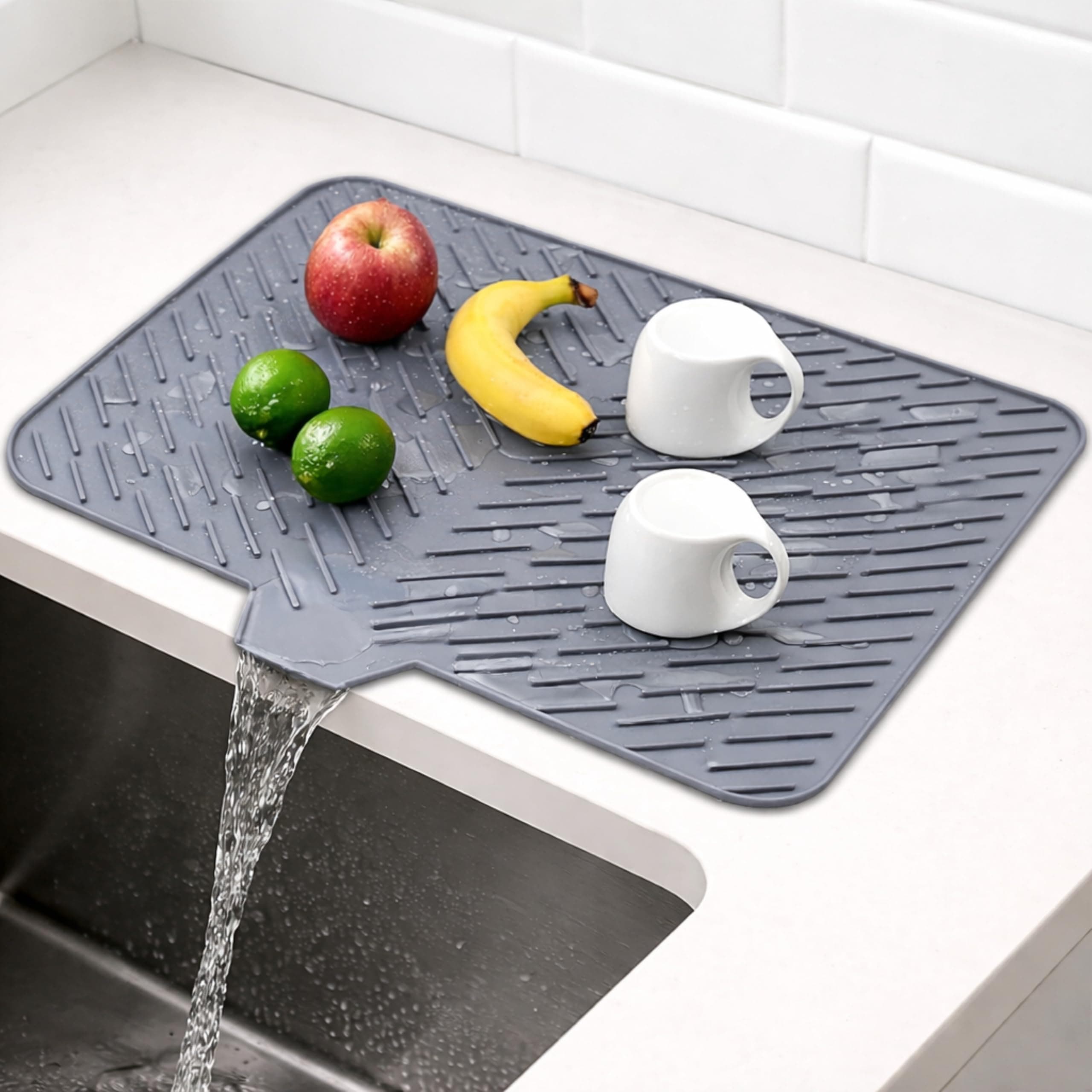 Large Silicone Dish Drying Mat for Kitchen Countertop (58 x 43 cm) | Heat Resistant, Anti-Slip Utensil Drying Mat with Built-in Drain Lip | Sink & Counter Water Drying Mat