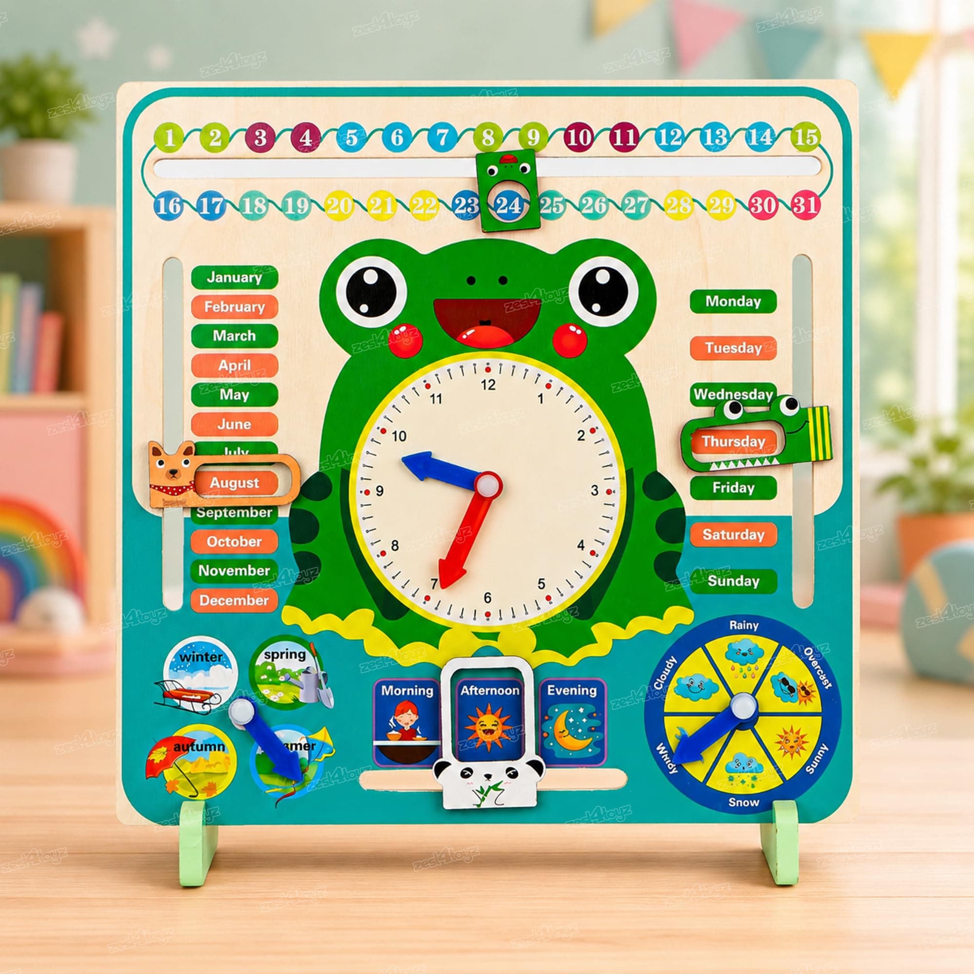 Zest 4 Toyz Wooden Calendar Clock Toy for Kids Learning Calendar Board with Months Days Seasons Weather Shape Recognition Educational Toys for Kids Montessori Preschool Activity Toy for 3 Years +