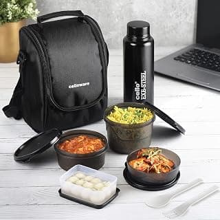 CELLO MF All In One Lunch Box with Bag for Office Use, Black | 225ml, 375ml, 550ml Containers, 175ml Salad Box, 900ml Bottle with Fork & Spoon, Airtight Leak Proof Tiffin Box Set for Travel, Daily Use