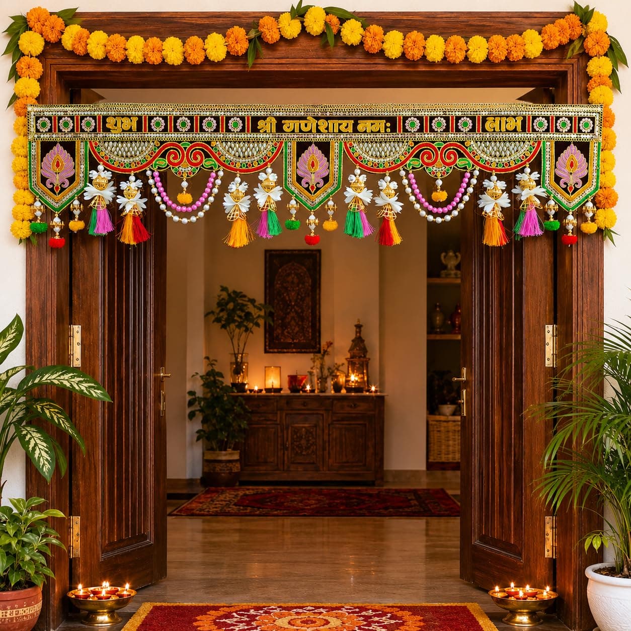 Handmade Shubh Labh Ganesh Toran for Main Door | Traditional Indian Bandhanwar with Floral Motif, Beads, Tassels & Hanging | Door Hanging for Diwali, Navratri, Pooja, Wedding & Home Decor (3 Feet)