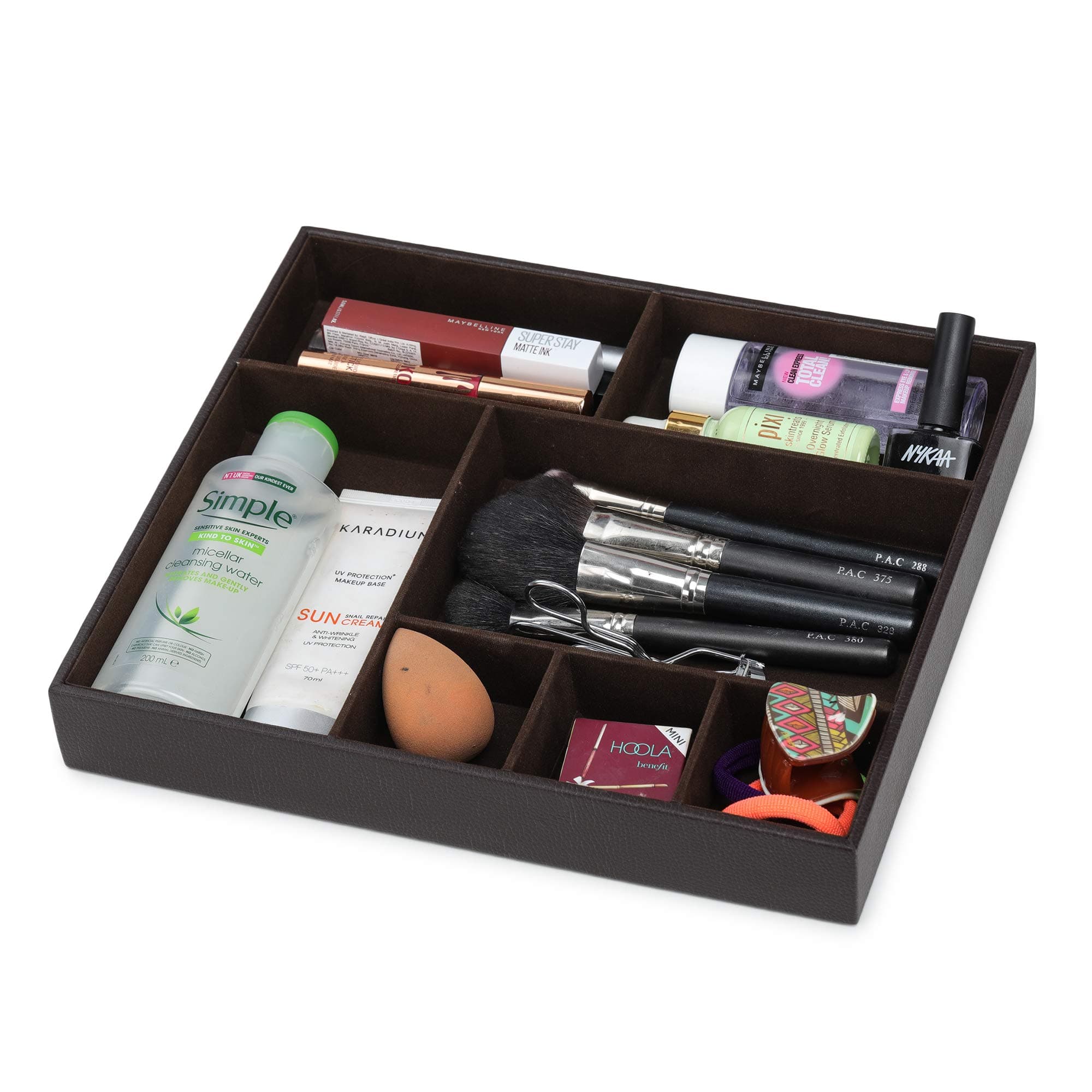 Azyeea Faux Leather Desk Organizer Tray, 7 Compartment for Multi-Functional, Office, Study Table, Bedside Tray, Cosmetic Organizer Tray (Brown)