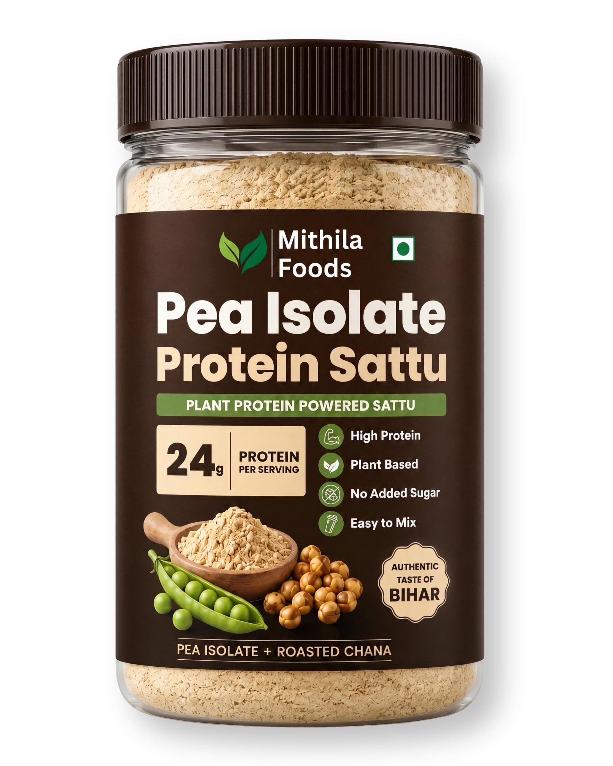 MITHILA FOODS Pea Isolate Sattu 500g | 24g Protein Per Portion | Pea Protein Isolate + Sattu Blend | Vegan Dairy Free Gluten Free High Fiber | Desi Plant Protein Drink | Authentic Taste of Bihar