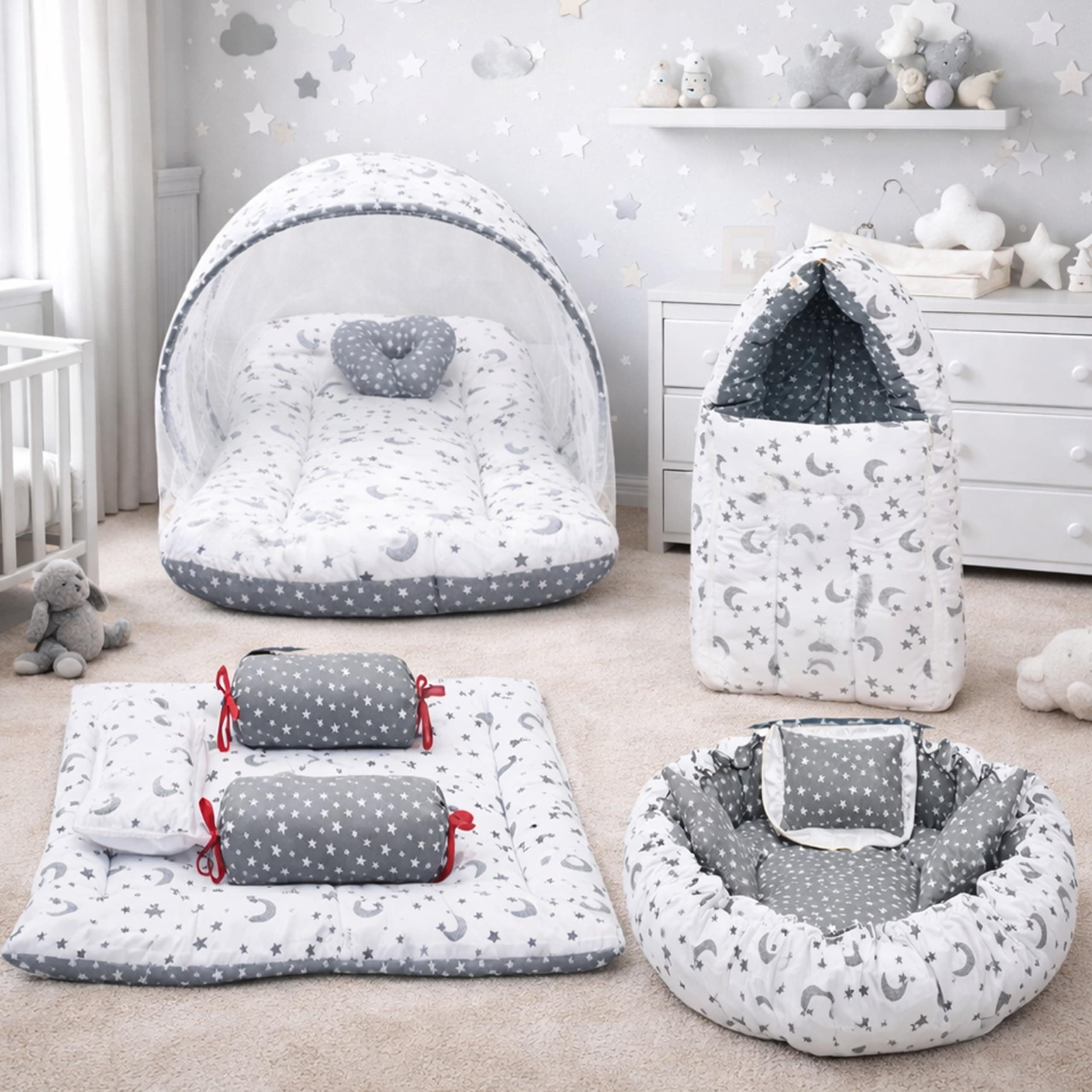 Infantbond Designer Mattress with Net | Baby Carry Bag | 4 Pcs Bedding | 1 Nest(0-6 Months) (Moon Grey)
