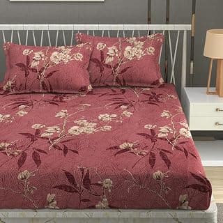 Premium Heavy Cotton Elastic Fitted Bedsheets with 2 King Size Pillow Covers || Double Bed with All Around Elastic 350 TC || 72 x 78 x 10 Inch King Size Fitted || - Maroon Flower