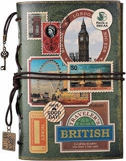 Invite Vintage Refillable Journal, Premium Leather Traveler Notebook Sketchbooks Classic Diary Planner with Blank Pages and Zipper Pocket (Leather Journal-London Stamps)