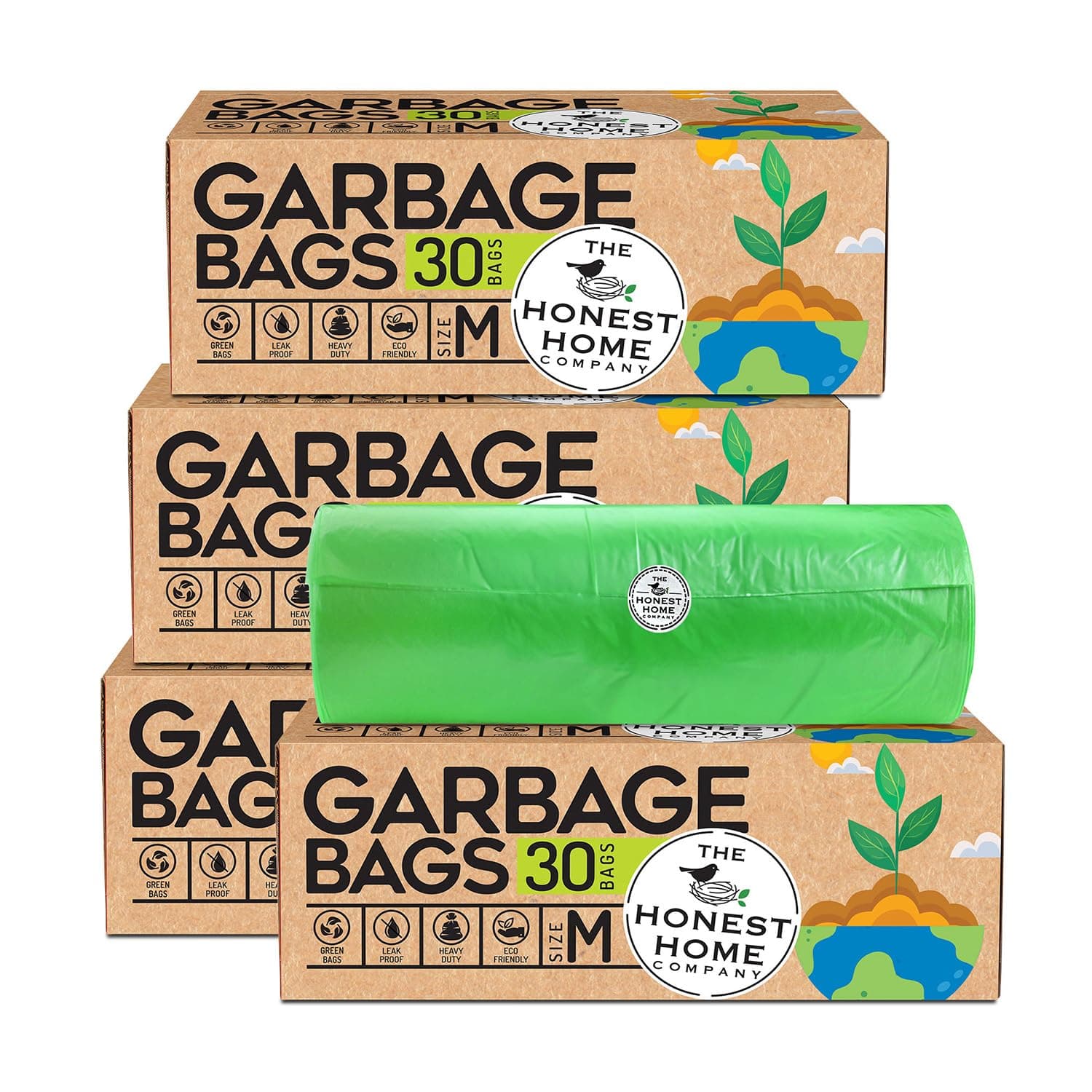 Honest Home Garbage Bags Medium - Green | 120 Bags | 30 Bags x 4 boxes | Leak-Proof & Tear-Resistant | 19 x 21 Inches Drawstring Dustbin Bags