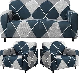 Sofa Cover 3 Seater and 2 Seater Fully Covered 5 Seater Sofa Cover Non-Slip Sticky Elastic Stretchable Sofa Set Imported Slipcover Blue Rhombus, Five Seater (3+1+1)