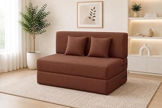 Los Angeles 2 Seater Foldable Sofa Cum Bed, Sofa Bed 4 X 6 Feet Jute Fabric Washable Cover- Including Two Cushion Perfect for Living Room & Office Guest Room - Brown Color