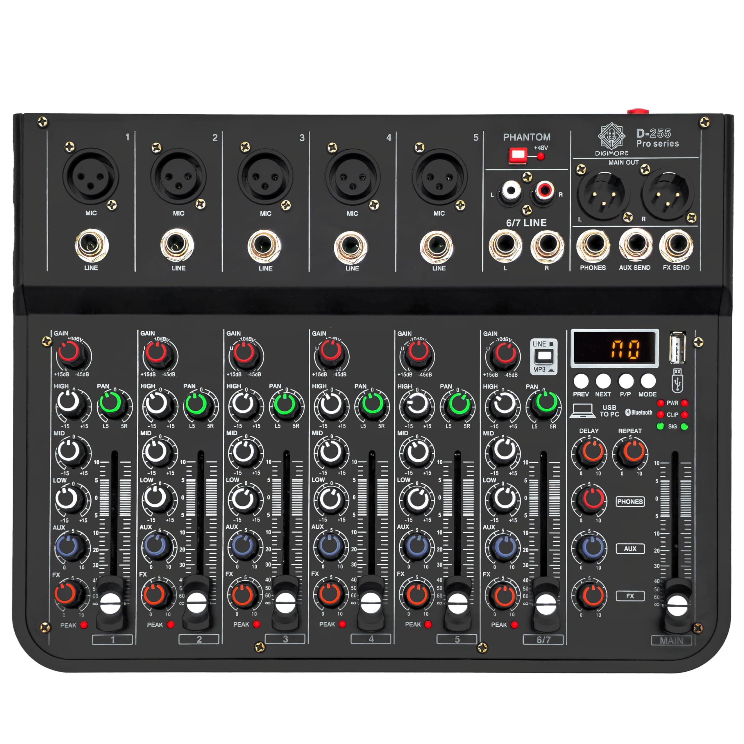 DIGIMORE 7 Channel Audio Mixer with USB & BT Playback | 48V Phantom Power | Stereo XLR Outs | Delay & Reverb Effects | Ideal for Stage, Live Gigs, and Karaoke (D-255 PRO)