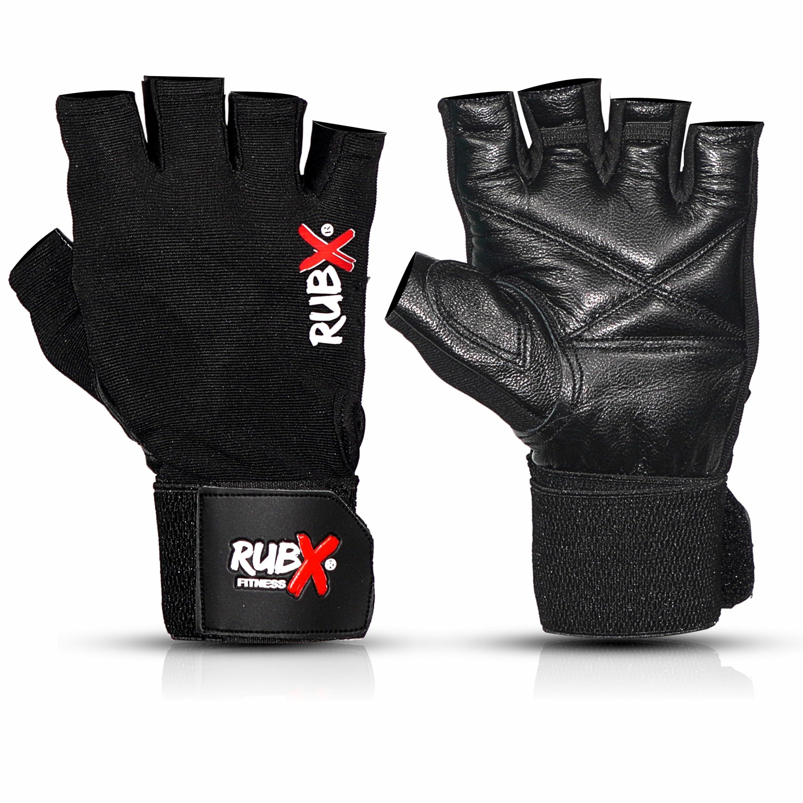 RUBX Leather Gym Gloves for Men & Women with Wrist Support – Half Finger Workout Gloves for Weightlifting, Training, Fitness, Biking, Hand Protection & Grip Strength – Gym Accessories (Black-Size-L)