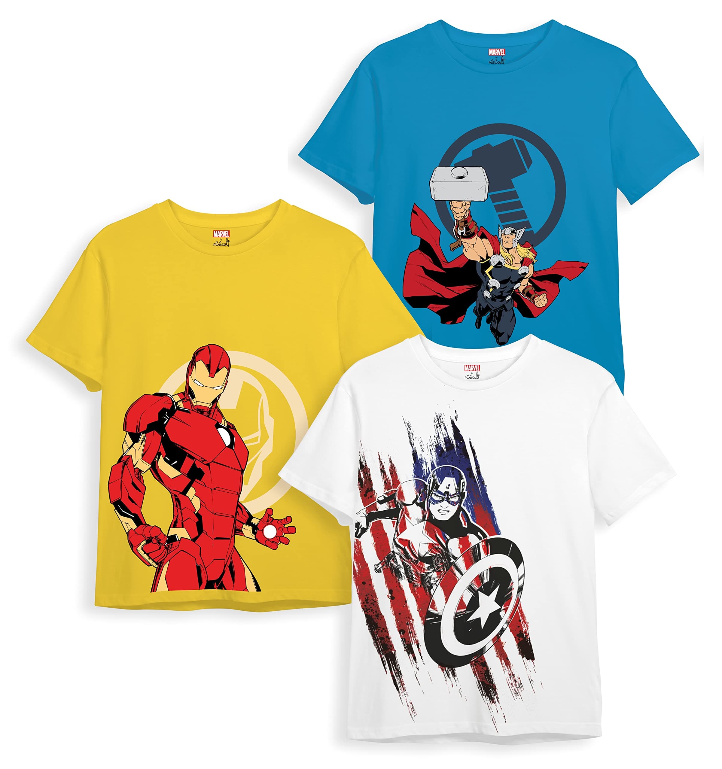 minicult Marvel Iron Man Avengers Cotton T-Shirts Pack of 3 | 5–6Y | Official licensed Marvel pack of 3 cotton T-shirts with iconic superhero prints, soft comfort and vibrant everyday style.