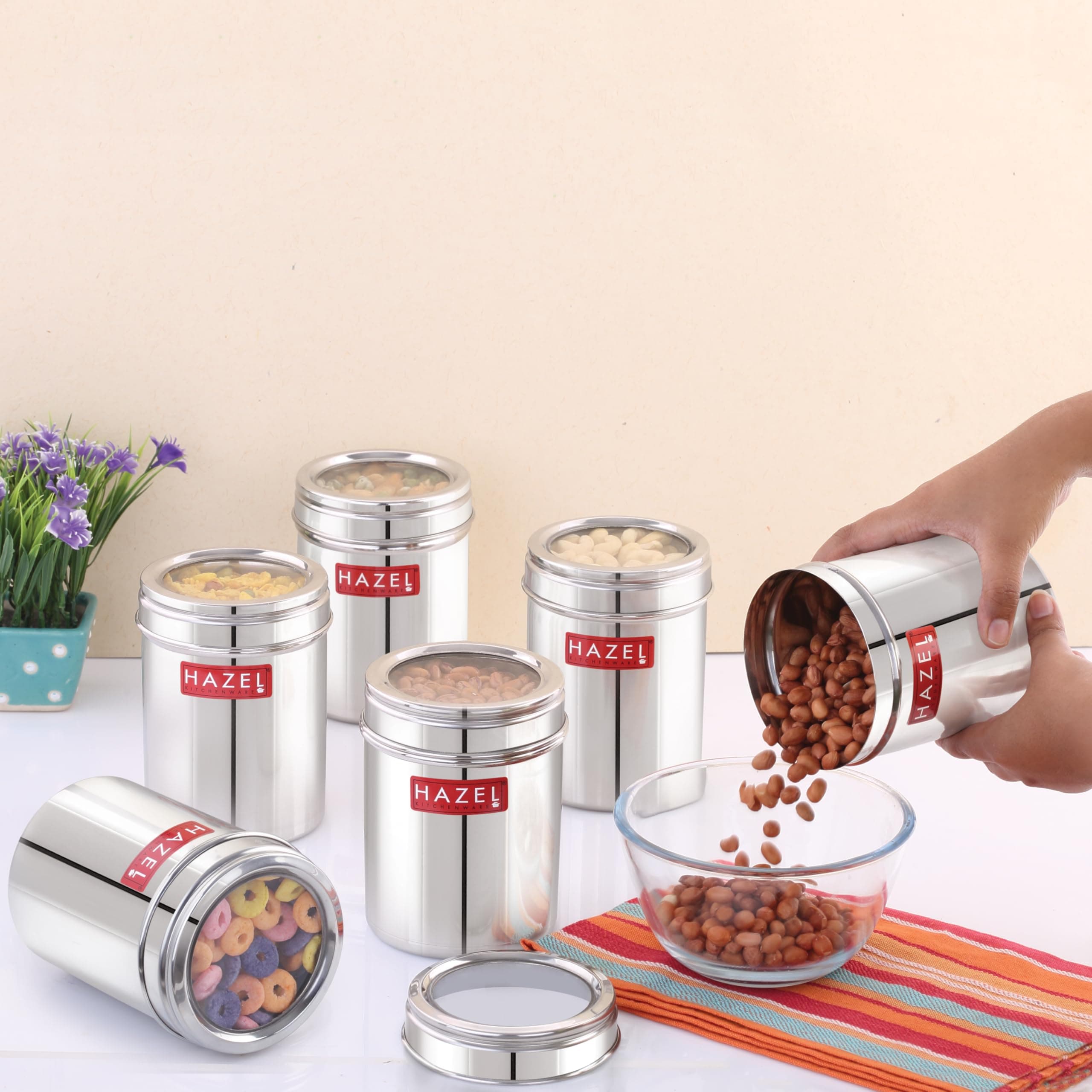 HAZEL Stainless Steel Kitchen Container with Transparent Lid | Top See Through Kitchen Container Set with Matt Finish | Multipurpose Container for Kitchen Storage, 900 ML, Set of 6