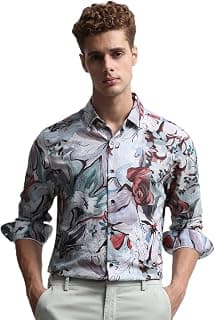 MUFTI Men Slim Fit Shirt | Spread Collar Full Sleeve Artistic Floral Design | Lightweight Crepe Fabric & Slight Stretch for Party