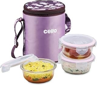 CELLO Trendy Purple Wine Round Glass Lunch Box Set with Insulated Jacket, Clear | 3 x 400 ml Microwave Safe Toughened Glass Containers | Air Tight, Leakpoof, Easy to Carry Tiffin Set for Office
