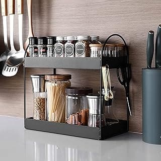 Go Hooked 2-Tier Standing Rack | Bathroom Countertop Organizer | Vanity Tray | Cosmetic- Makeup Storage | Kitchen Spice Rack | Corner Shelf (Black, Metal, Pack of 1)