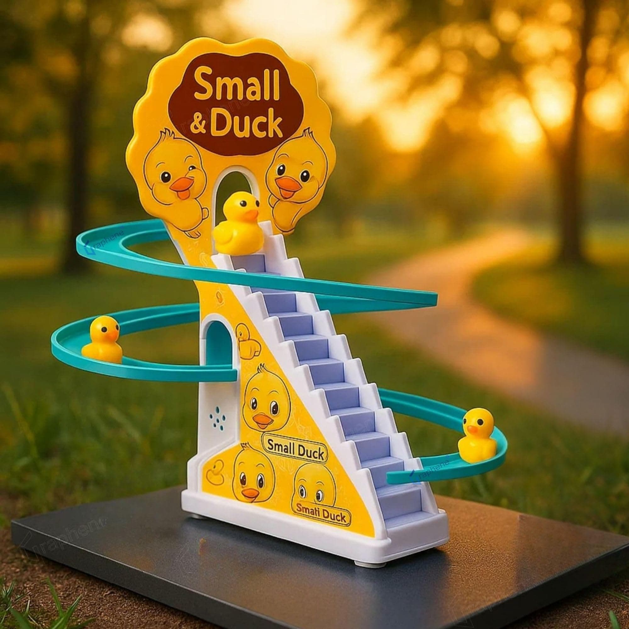 Graphene Duck Track Toy for Kids Baby Stair Climbing 3 Small Duck Slide Toy Light Music Roller Coaster Moving Escalator Automatic Cartoon Chasing Race Game Set for 1-5 Years Toddlers Boy Girl