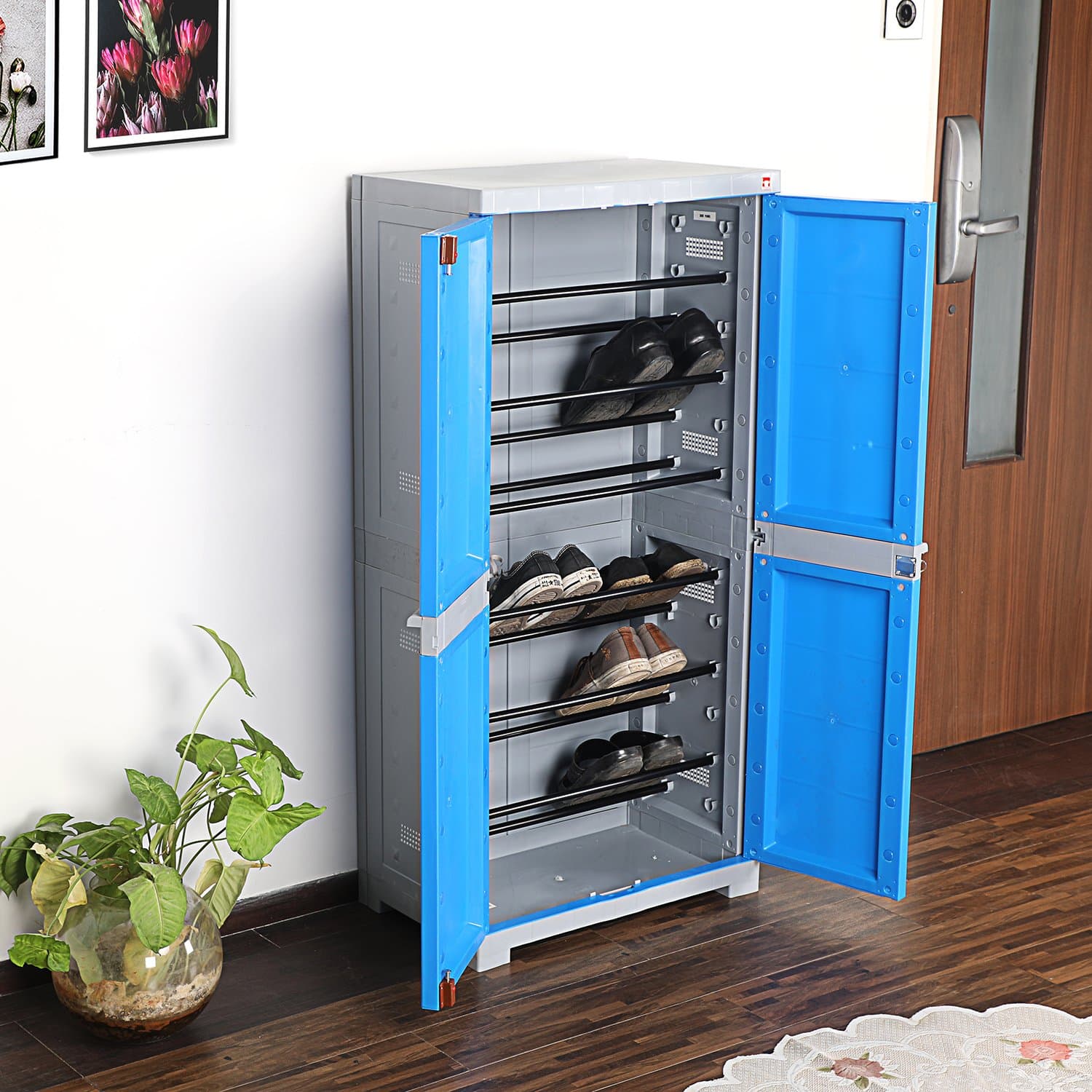 Cello Novelty Big Plastic Shoe Rack with Dustproof Doors| 3 Year Warranty | Chappal/Slipper/Footwear Stand for Home, Living Room, Office, Outdoor| Blue & Grey Colour