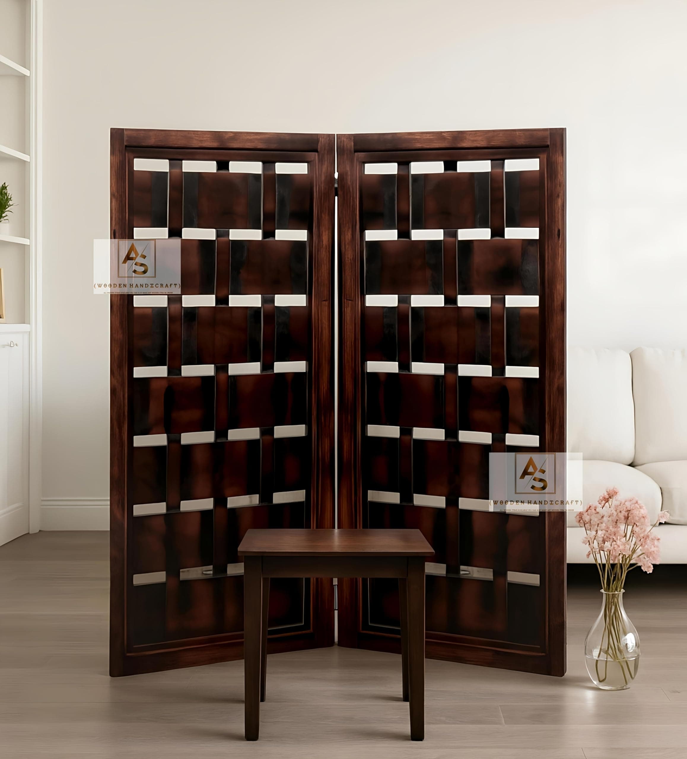 AS Wooden Handicraft Partition for Living Room,Divider,Partition Wall Divider Screen Separator, Wall Panel Divider for Hall | Bedroom |Office | Puja Room | Restaurant Net Look (4 Feet-2 Panels)