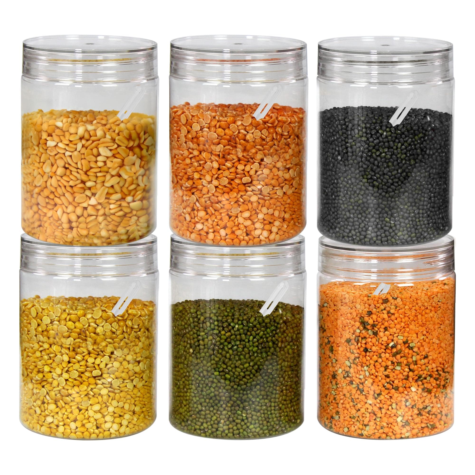 PEARLPET Tiffany Plastic Containers For Kitchen Storage | Plastic Container Set With Spoon | Bpa-Free, Stackable Jars | Transparent, 1000 Ml (Set Of 6)