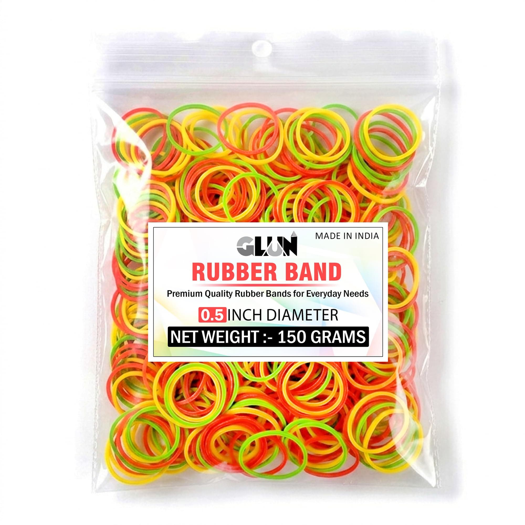 GLUN 0.5 Inch Multicolour Rubber Band (150 Gram Pack) – Strong & Stretchable Elastic Bands for Home, Office, Kitchen & Packing Use