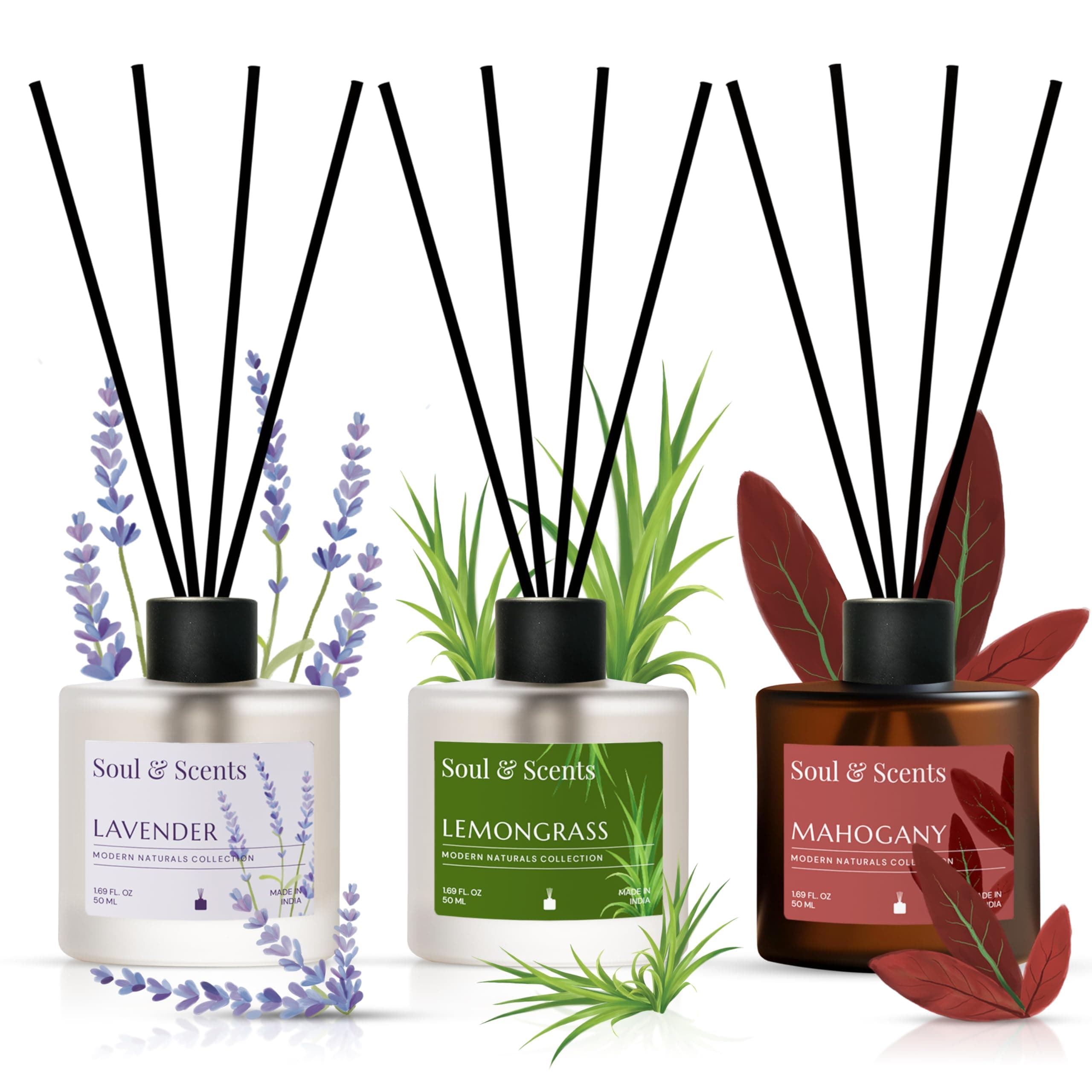 Soul & Scents Mahogany, Lavender and Lemongrass Reed Diffuser Set - 50ml with Free 15 Rattan Reed Sticks | Toxin Free & Stress Relief | Room Freshener for Home, Bedroom & Office | Combo Pack of 3
