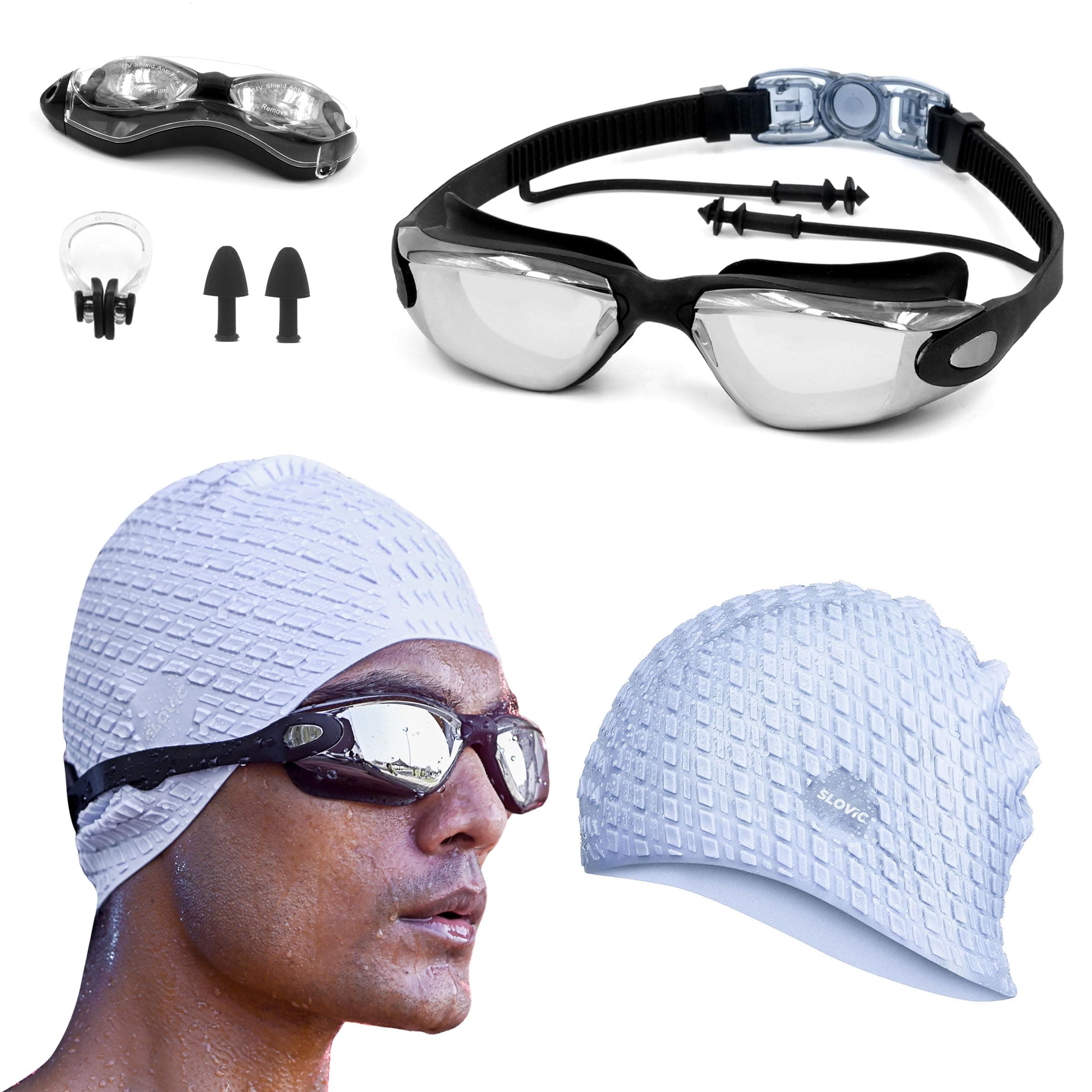 Slovic Swimming Kit Swimming Goggles & Swimming Cap with Ear Plug, Nose Clip | Stylish Pool Cap for Long Hair | UV Protection | Anti Fog | Free Size Swim Cap | Blue