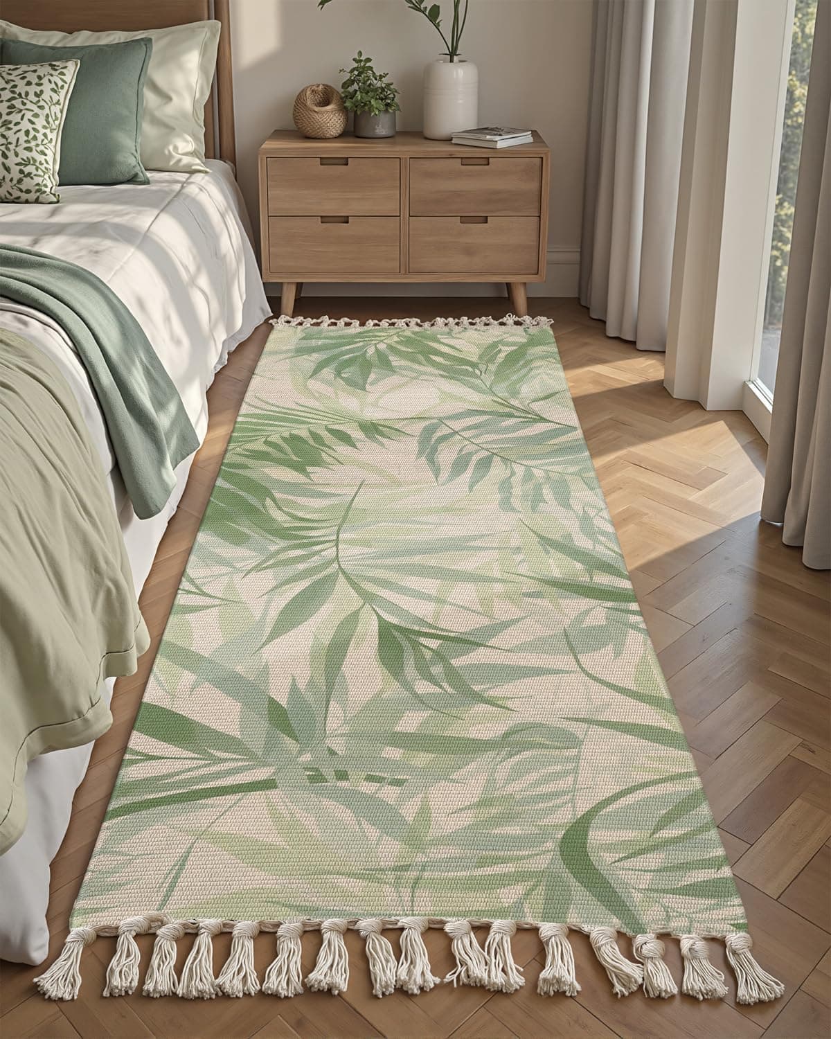 ALSTONIA Hand Woven 100% Natural Cotton Export Quality Designer Rug,Carpet, Bed Side Runner for Bedroom,Living Room, Size-2x5 feet or 60 cms x 152 cms (Green Patti)