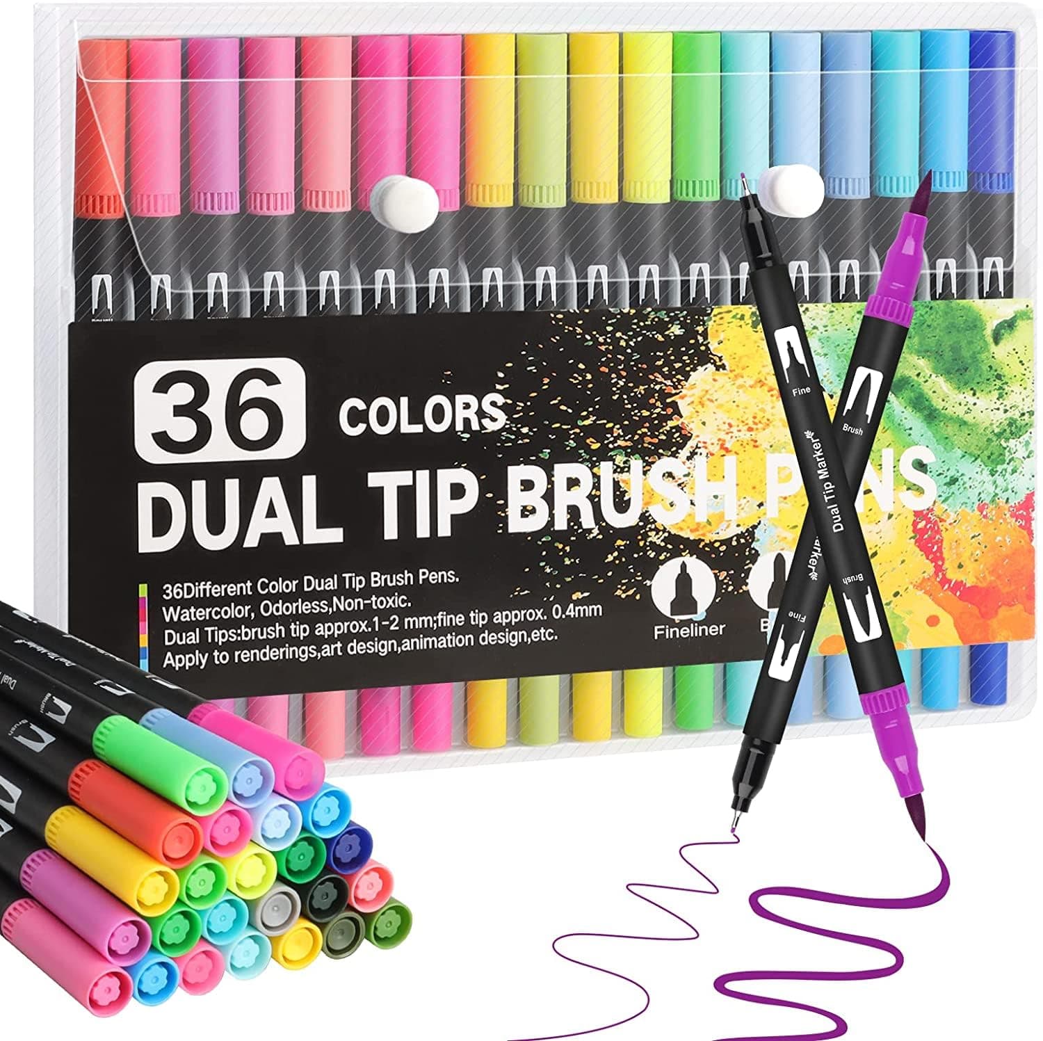 Corslet 36 Water Based Dual Tip Brush Pens: 1-2mm & 0.4mm Tips with Carrying Case for Art, Calligraphy and Sketching