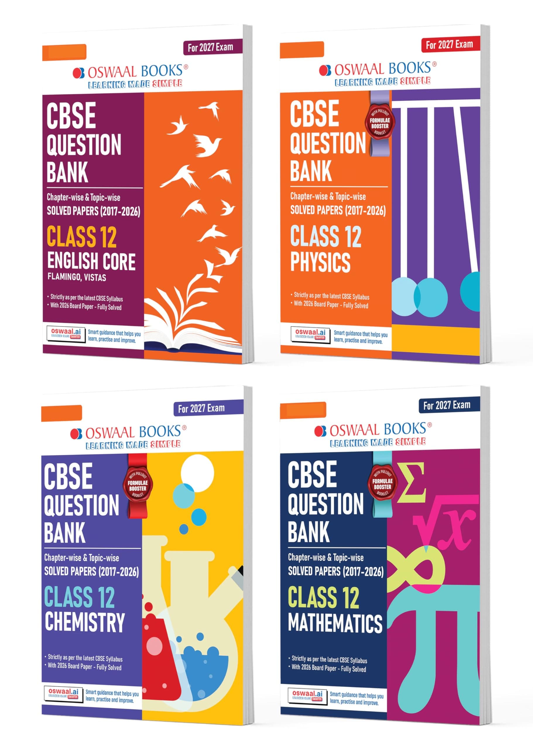 Oswaal CBSE Question Bank for Class 12 English Core, Physics, Chemistry & Maths (Set of 4) Chapter & Topic-wise Solved Papers (2017–2026) | Includes 2026 Solved Papers | With oswaal.ai | For 2027 Exam