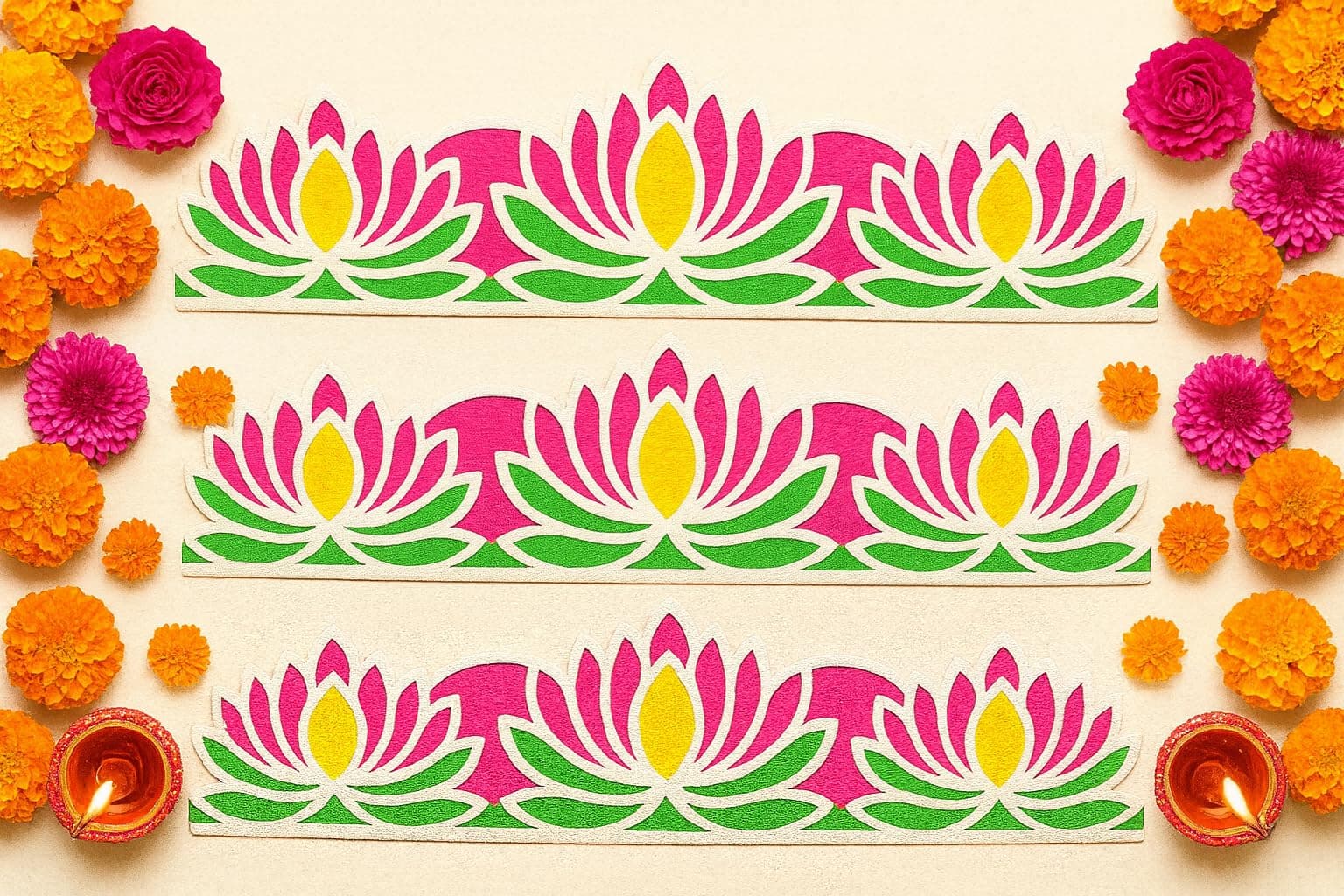 Pack of 2 MDF Rangoli Border Stencil for Diwali Decoration – Reusable Rangoli Making Tool for Floor, Door, Pooja Room, Mandir & Festive Home Décor(4x12 Inch)
