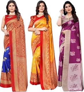 Yashika Women's Combo Art Silk Saree with Blouse Piece-Pack of 3(Metro Royal Blue-MINALI Mustard-PUDINA Grey) RYL MUSTRD Multicolor-12