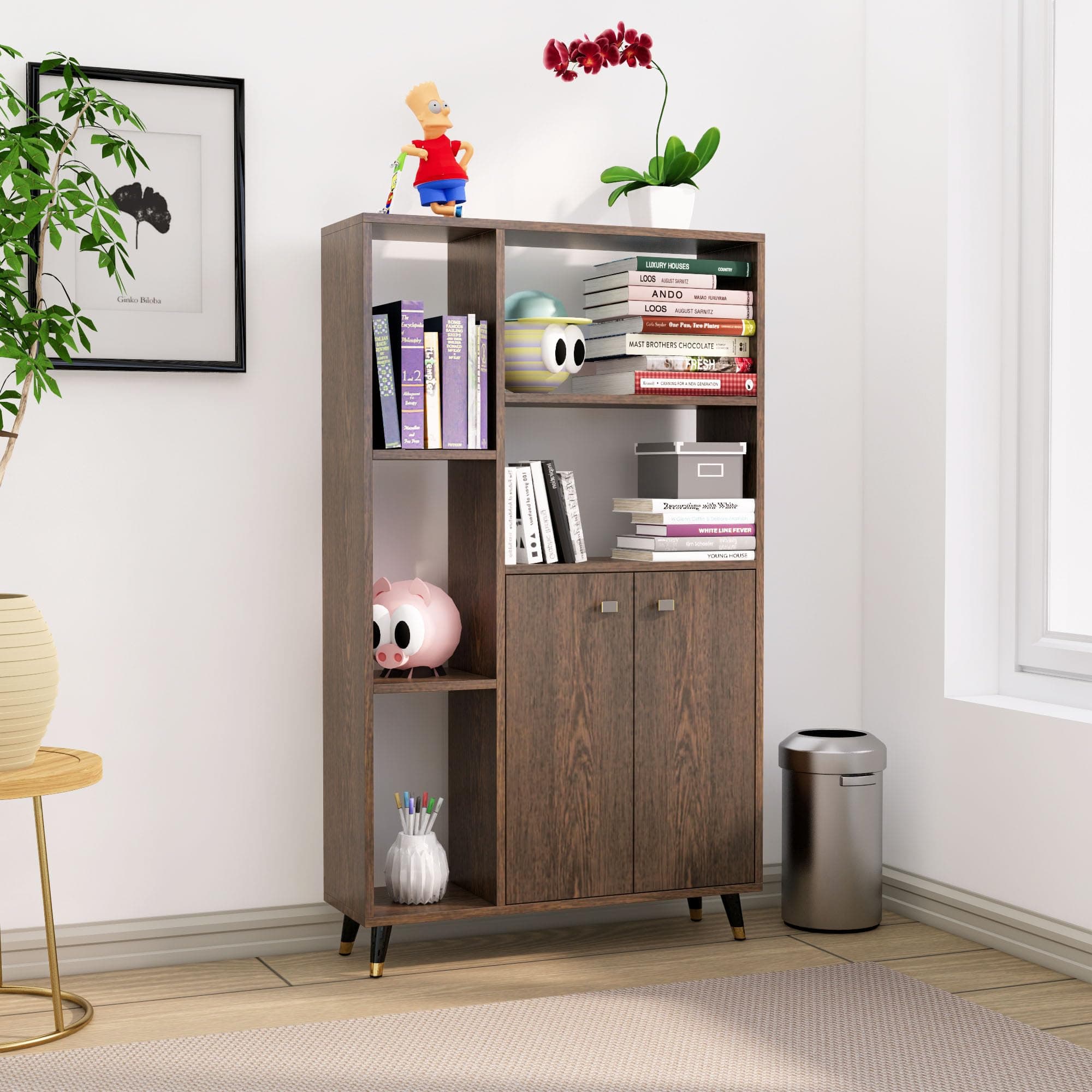 Bniture Book Shelf Wooden for Home Book Rack Organizer Engineered Wood 2 Door & 5 Shelf Open Book Shelves Stand for Study Room Library Multipurpose Showcase Living Room Bedroom Office | Flower Wenge