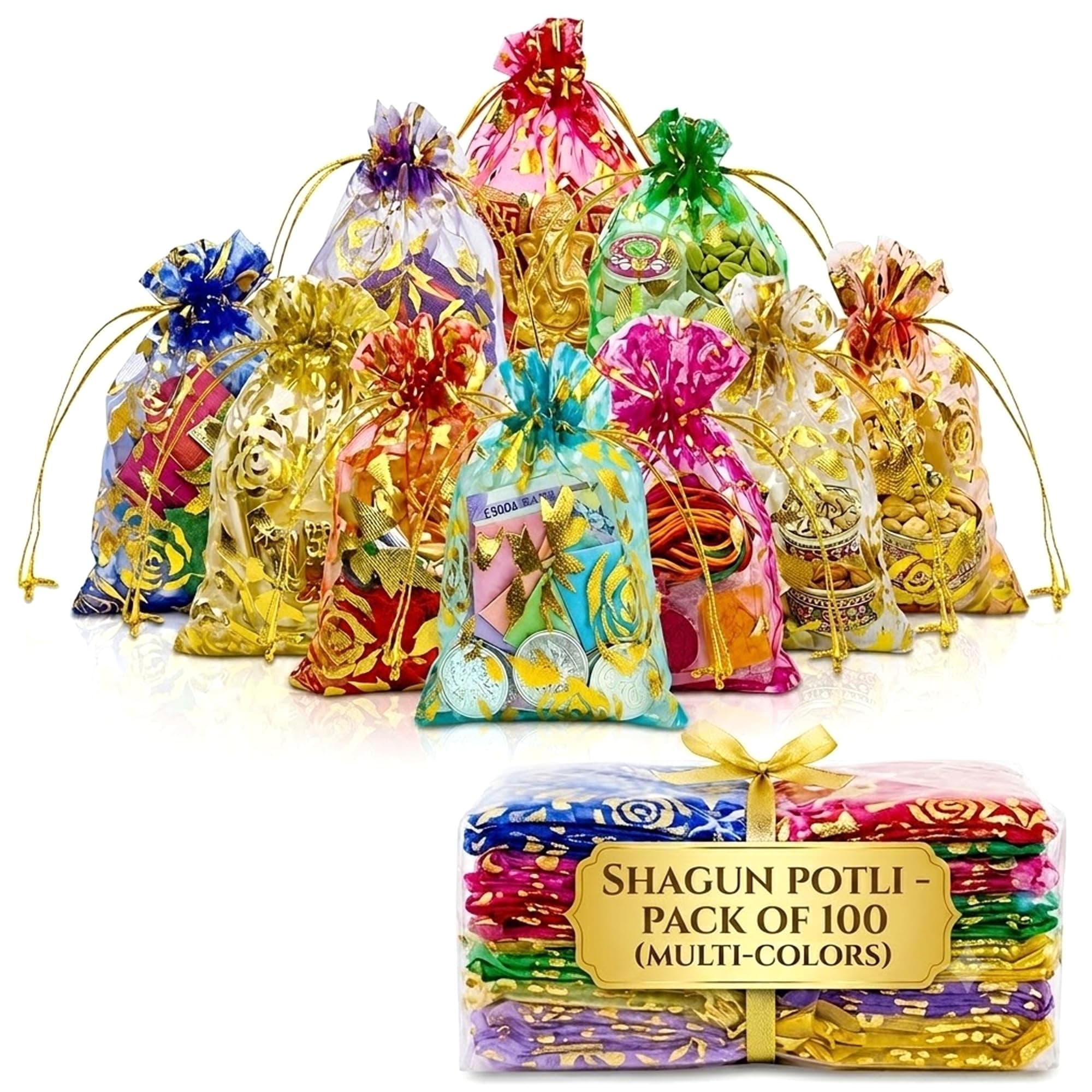 HOTFIX® Pack of 100 Multicolor Organza Potli Bags 3x4 Inch, Drawstring Gift Pouches for Jewellery, Dry Fruits, Wedding Return Gifts, Shagun, Festival Favors and Small Gift Packaging