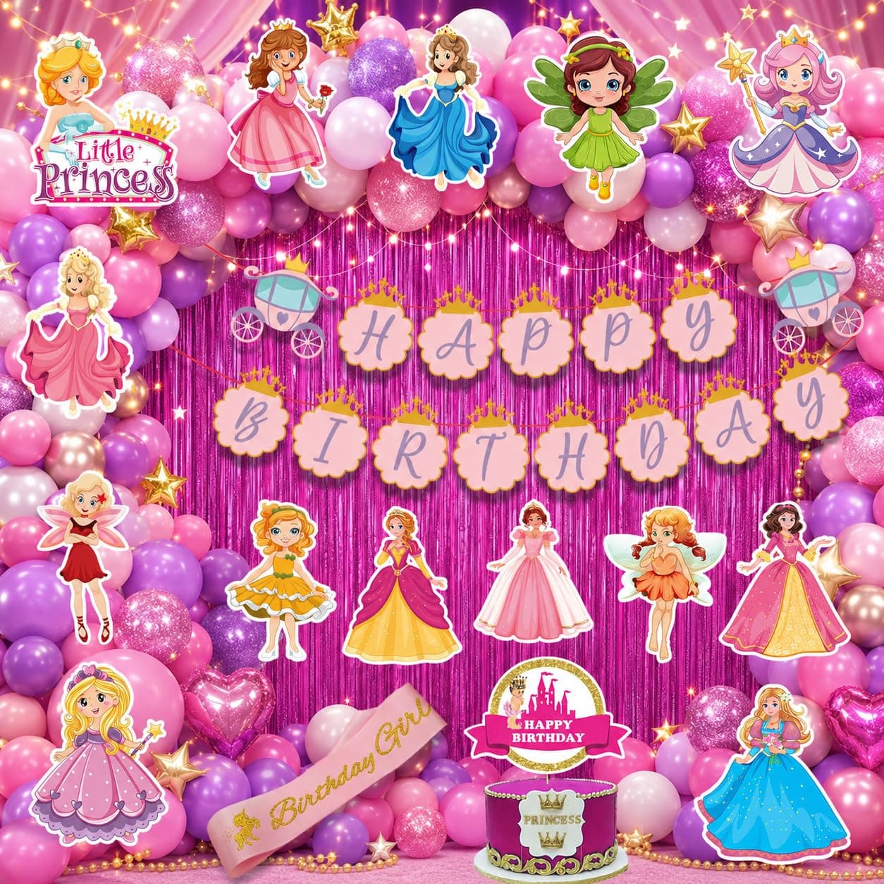 Party Propz Princess Theme Birthday Decoration Items - 71 Pcs Princess Birthday Decoration Kit for Girls with Banner, Balloons,Sash, Pink Curtains, Princes Cutouts, Cake Topper (cardstock,foil)
