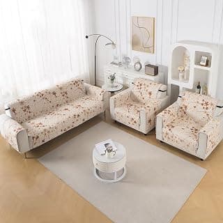 HOKIPO Double Sided Quilted Sofa Cover 5 Seater Fully Covered, (3+1+1) Sofa Cover Set, Easy Drape Series, Golden Bloom (IN-1101 + IN-1099 * 2-ED8)