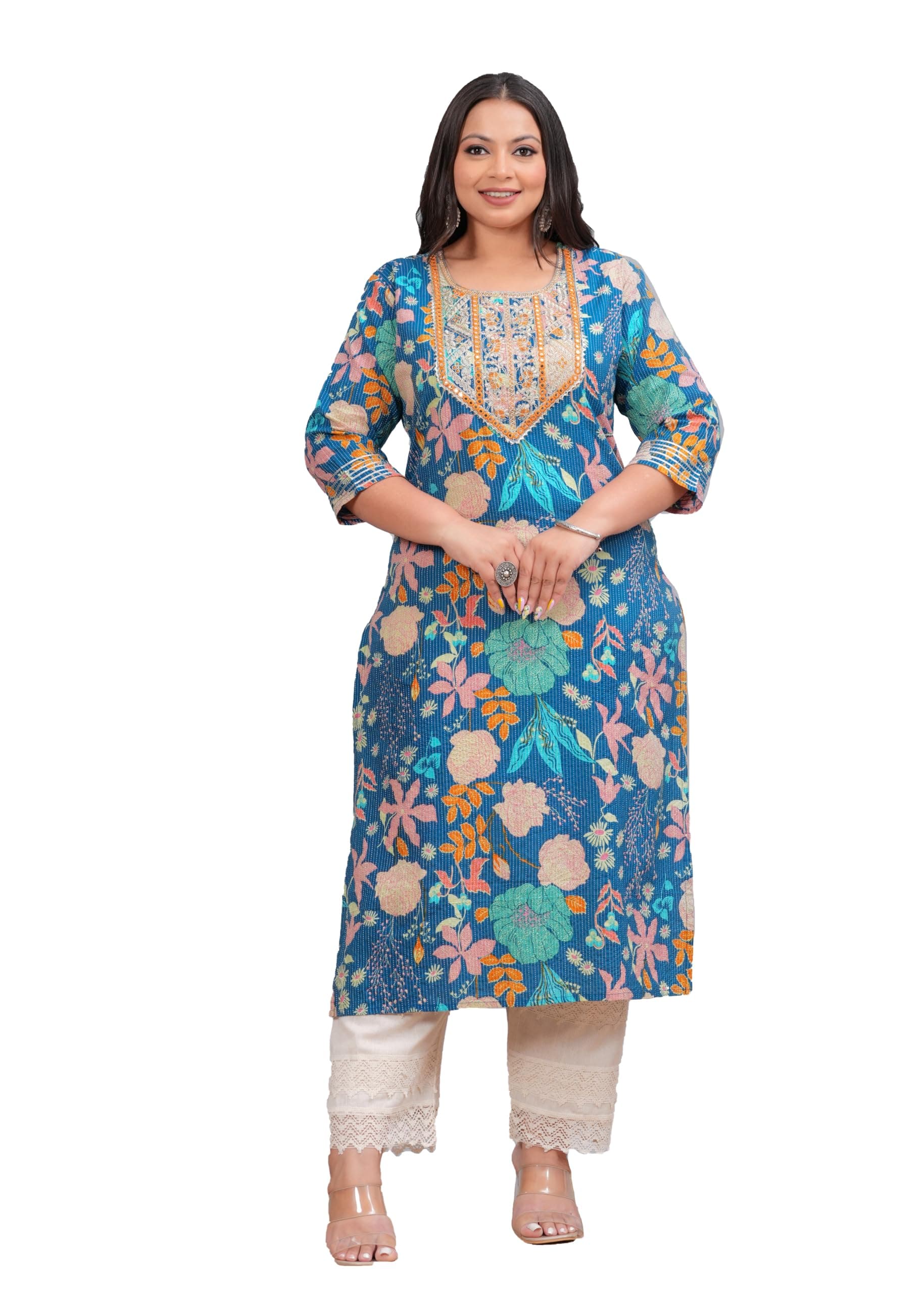 LABULY Printed Pure Cotton Women Plus Size Kurti | Embroidery Gota Work Women Staright Kurta