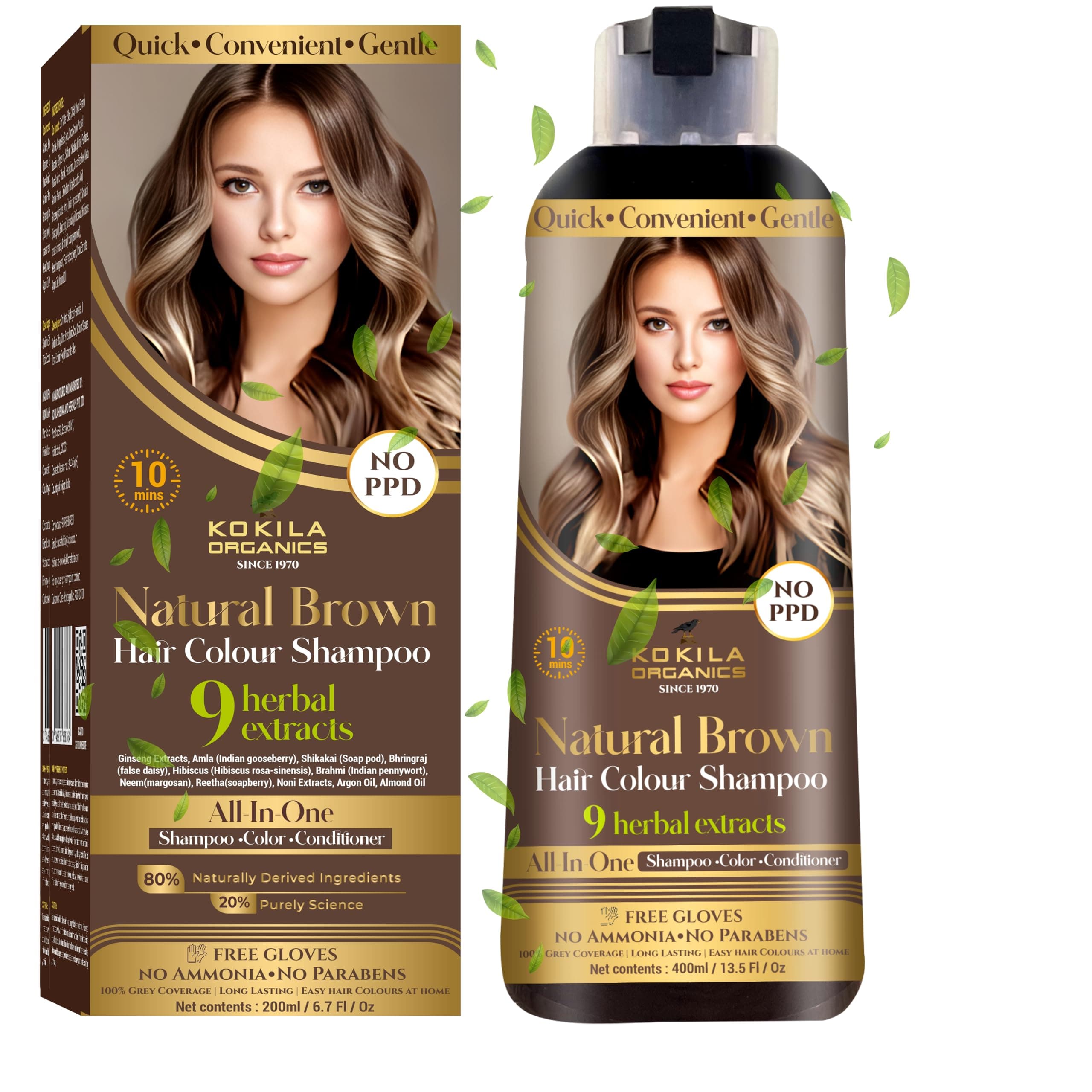 Kokila NO PPD Shampoo Natural Brown Hair Colour 400ml for Women and Men, Natural Extracts, Colours Hair in 10 Minutes | Ammonia Free, Paraben Free - 10 Pair Free Gloves
