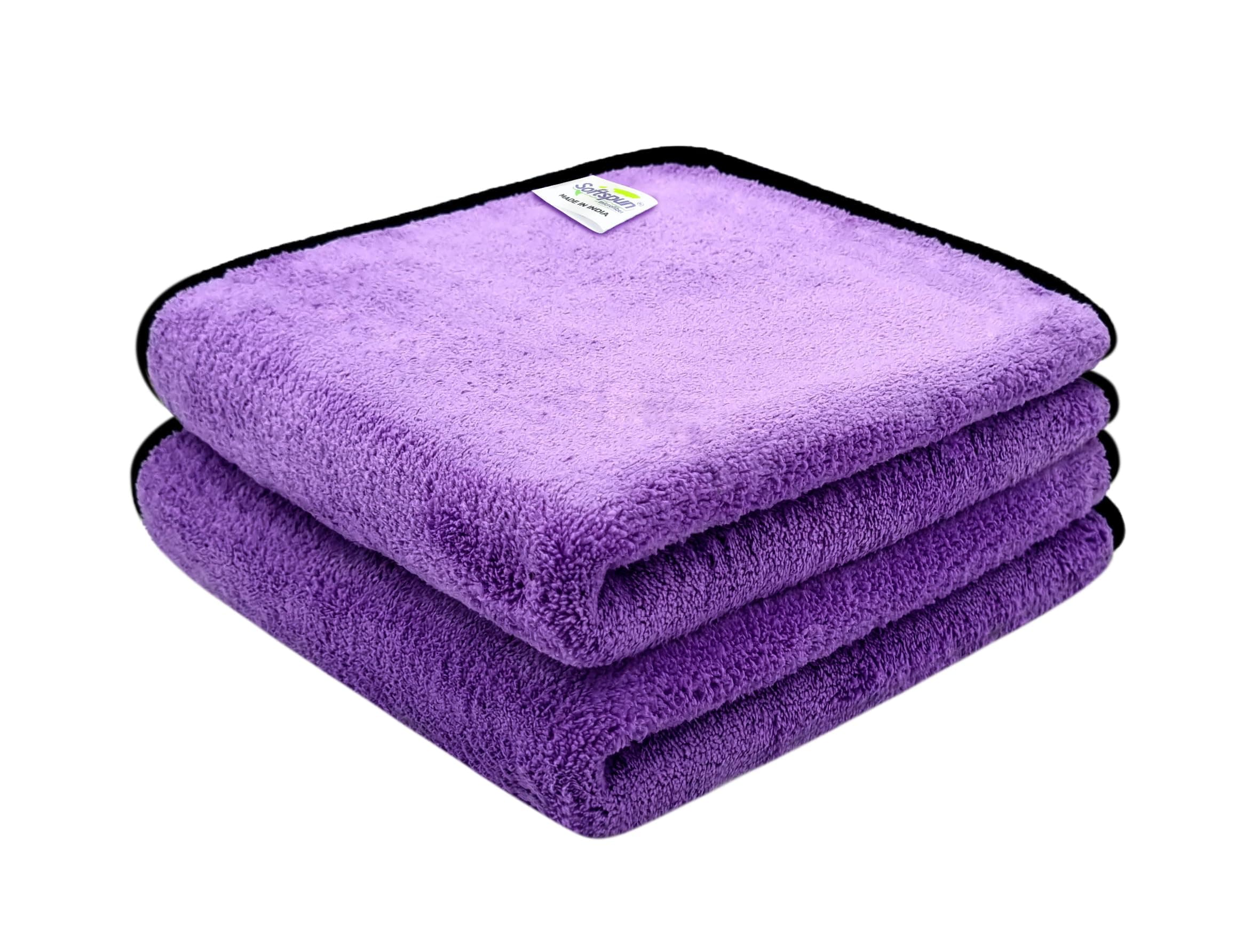 SOFTSPUN 900 GSM, Microfiber Double Layered Silk Banded Edge Cloth 40x40 Cms 2 Piece, Purple Extra Thick Microfiber Cleaning Cloths Perfect for Bike, Auto, Cars Both Interior and Exterior.
