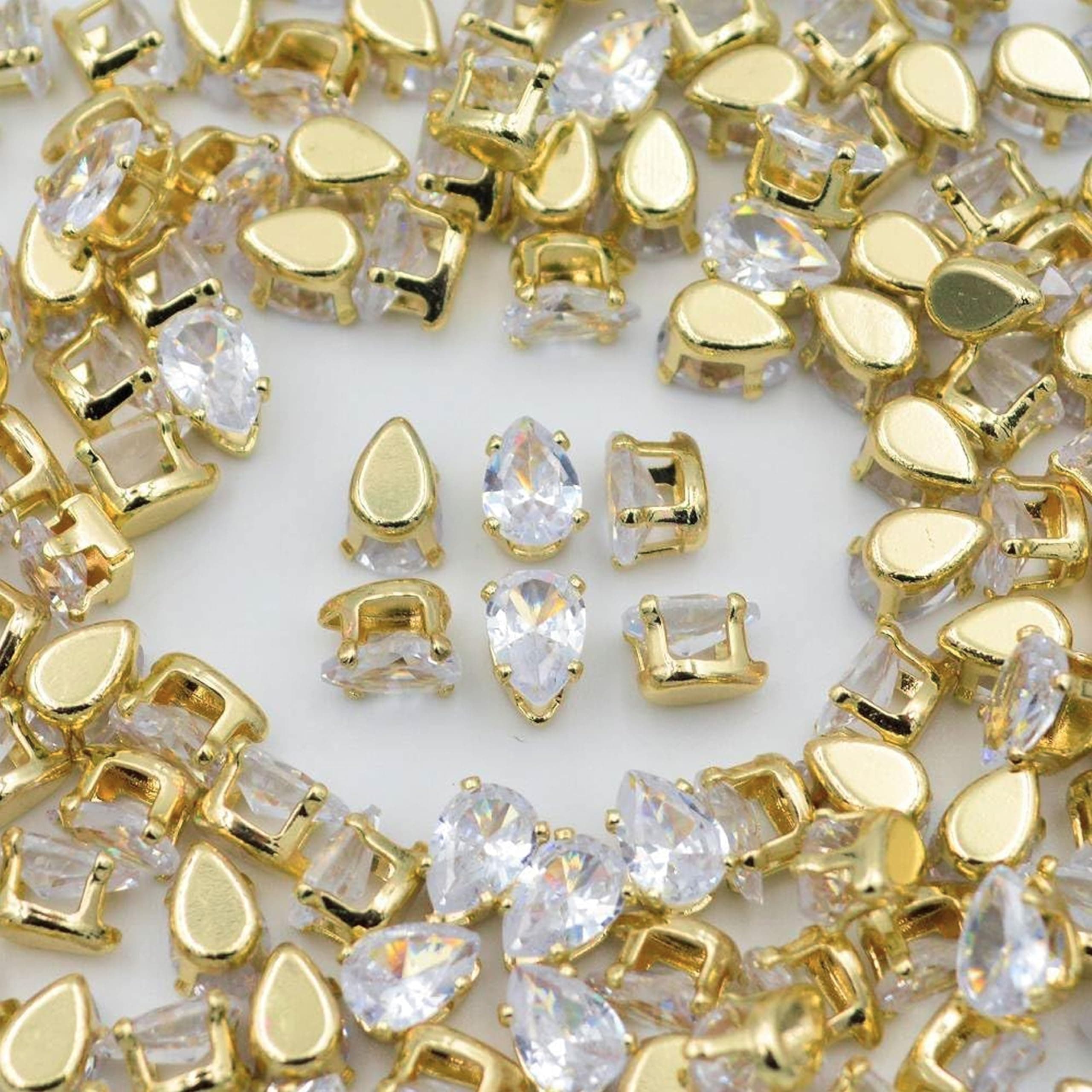 INDIKONB Sew On Rhinestones Kundan Stone Beads for Craft, Embroidery, Jewellery Making, Aari & Maggam Work | Stones for Dress & Bangle Decoration (Drop 5X7), Gold