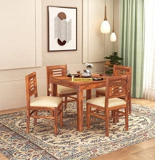 MAMTA DECORATION Solid Sheesham Wood 4 Seater Dining Table Set | Four Seater Dinner Table with 4 Cushions Chairs | Dinning Table Set 4 Seater for Living Room, Hotels & Restaurant | Honey Finish