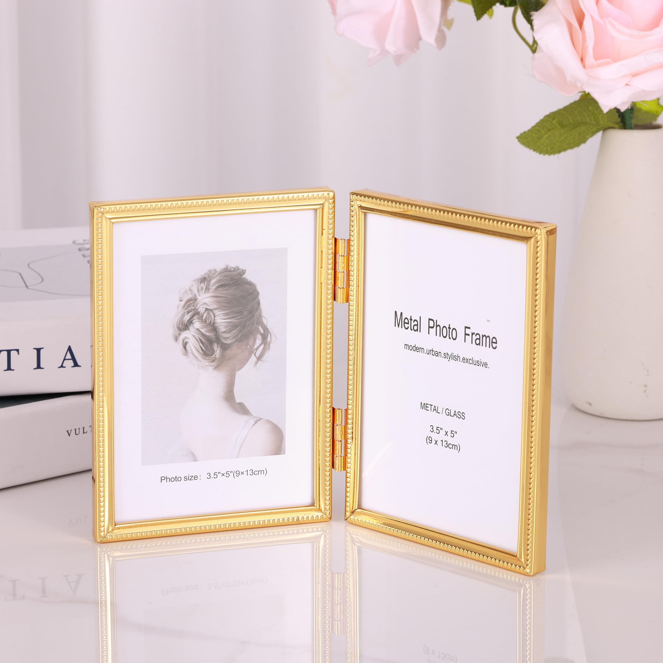 Amazon Brand - Umi Metal Folding Double Photo Frame for Table, Floating Style Tabletop Dispaly Frame, Perfect for Anniversary, Birthday Gift, Home Decor, Office Desk (Gold, 3.5" x 5")