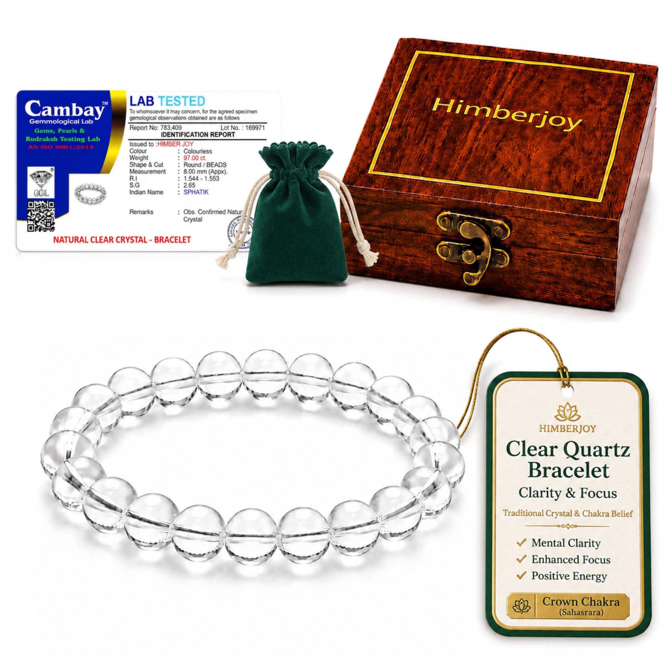 HimberJoy Natural Clear Quartz Bracelet for Men & Women – 8mm AAA+ Sphatik Crystal Beads for Clarity & Focus – Certified Gemstone – Premium Sheesham Wood Box Gifting Experience