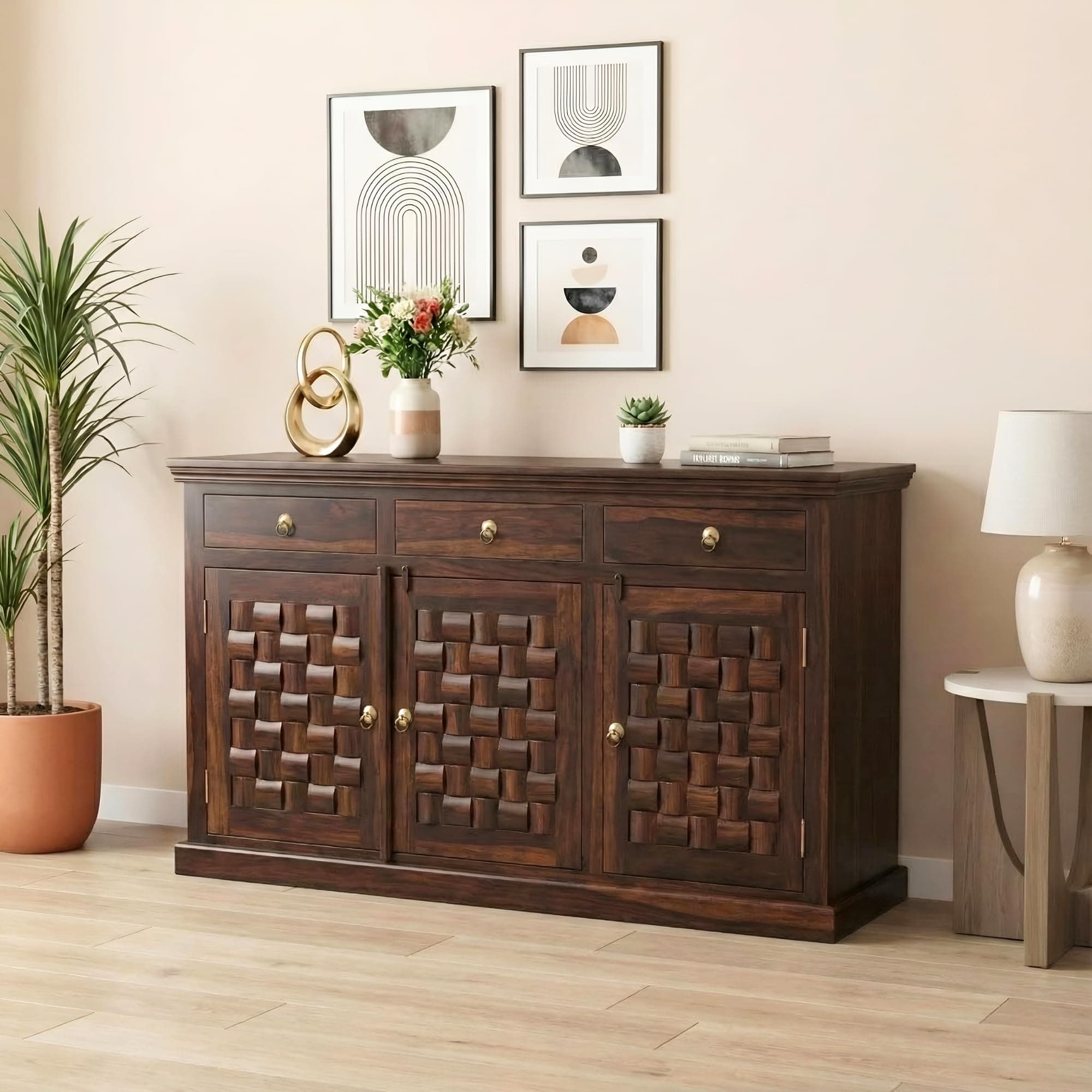 SONA ART & CRAFTS Niwar Solid Sheesham Wood Sideboard Cabinet Storage Organizer with 3 Drawer & 3 Door Cabinet for Home Kitchen Living Room & Bedroom Multi Shelves Cabinets Hallway (Walnut Finish)