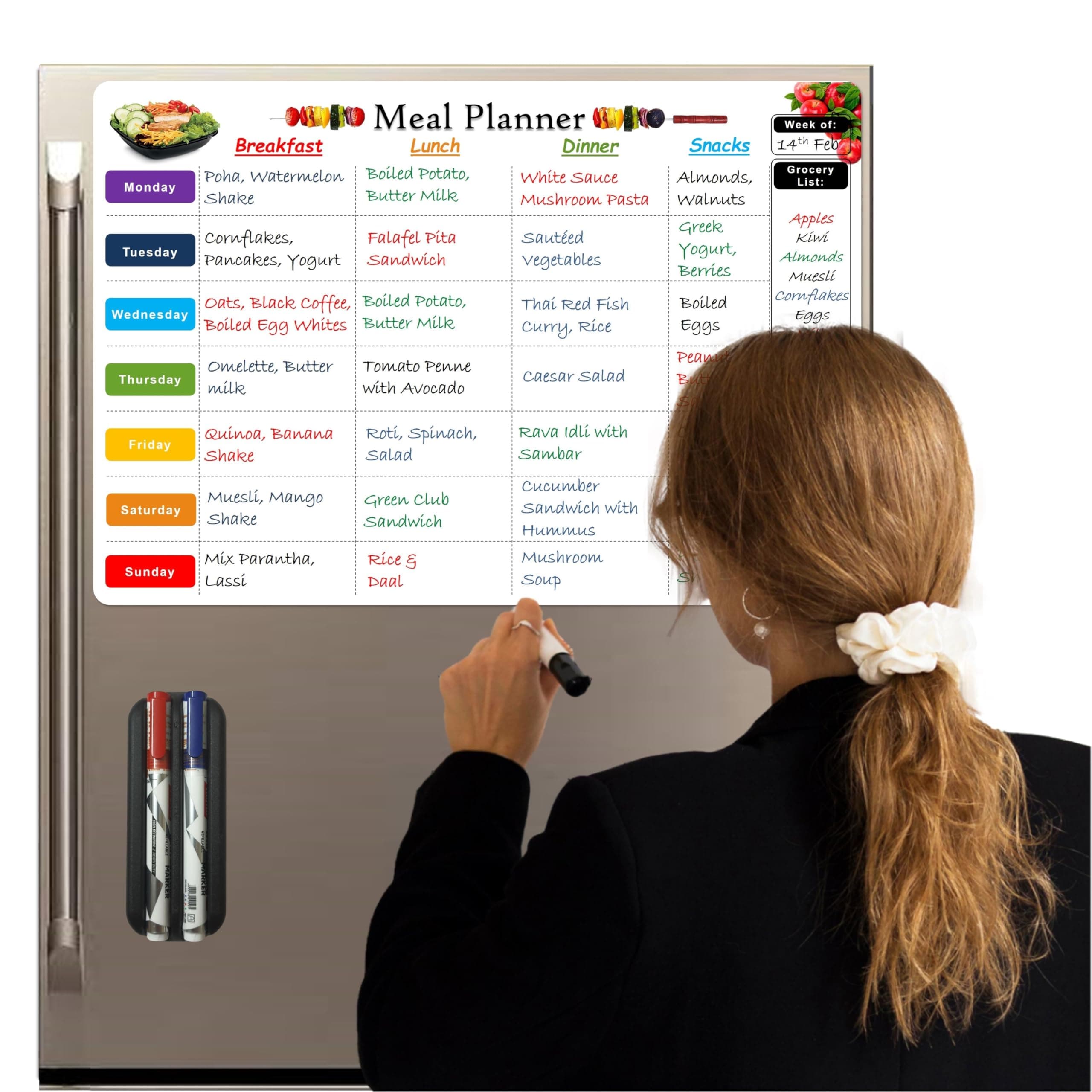 WishKraft Magnetic Meal Planner for Fridge (45x30 cm) | Reusable Dry Erase Menu, Diet & Grocery List Daily Organizer & Planning Board | Magnetic Whiteboard Calendar with Markers & Duster